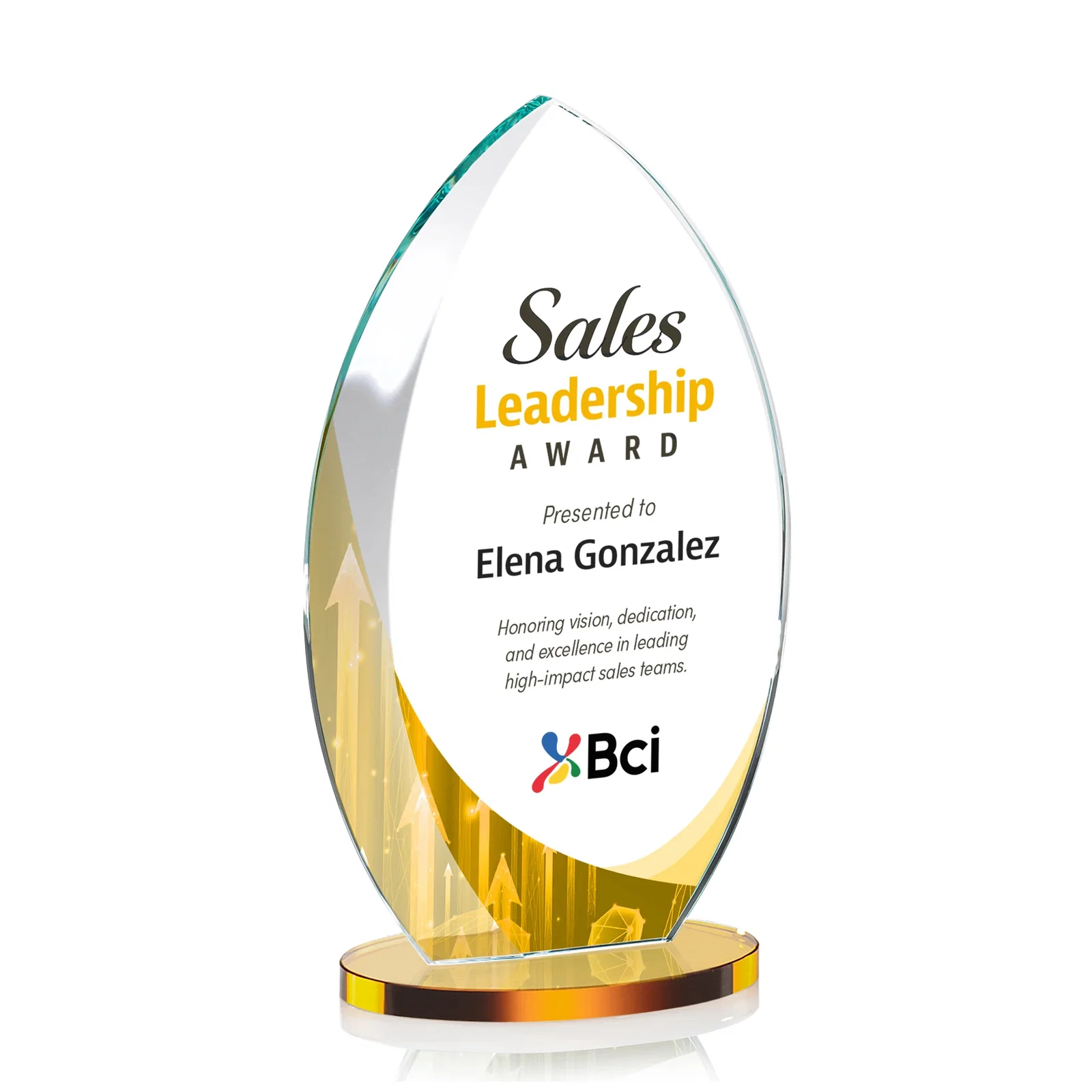Custom printed Starfire Crystal Award with Arced Sides on a Clear Round Base for employee recognition