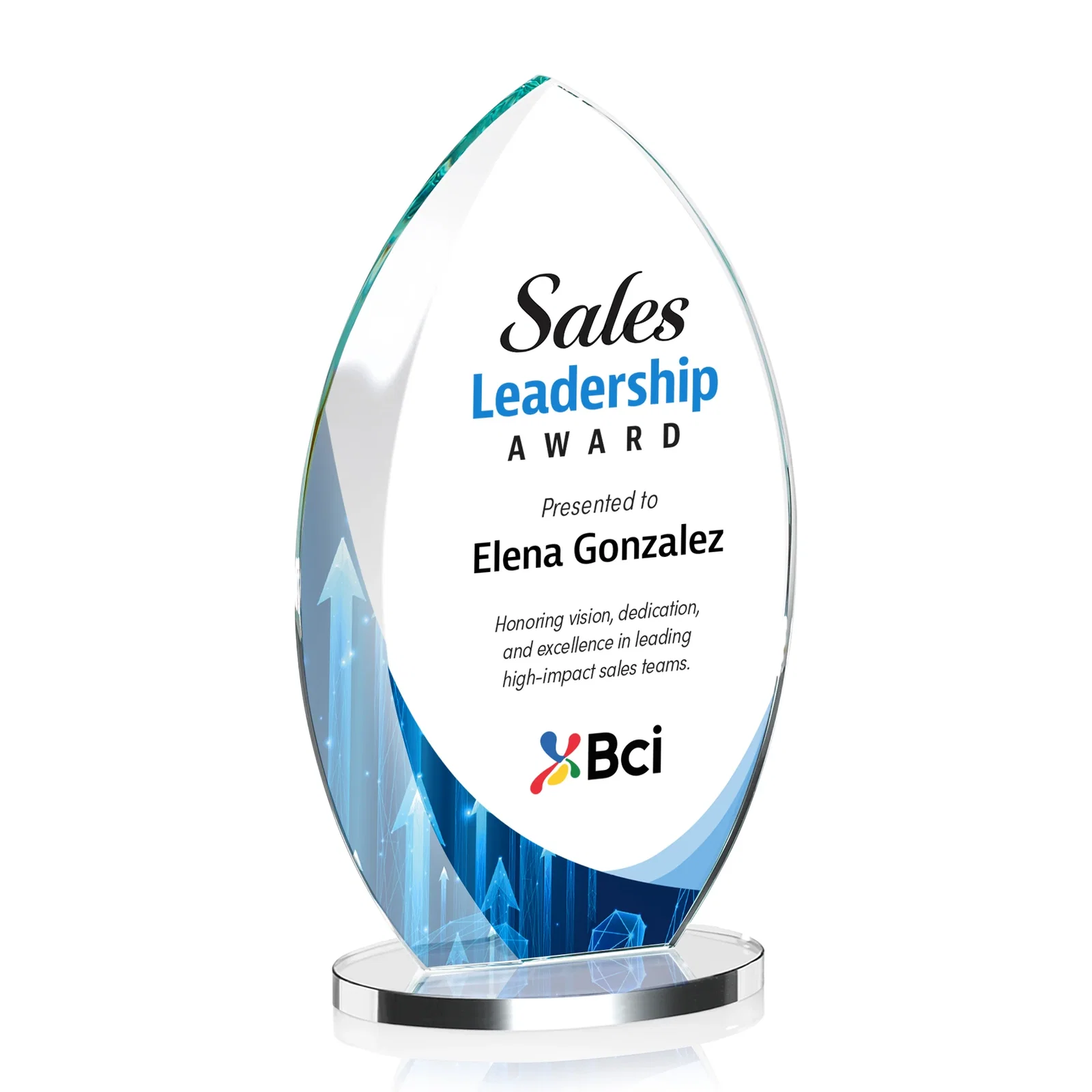 Custom Starfire Crystal Award with Arced Sides on a Clear Round Base for retirement presentations