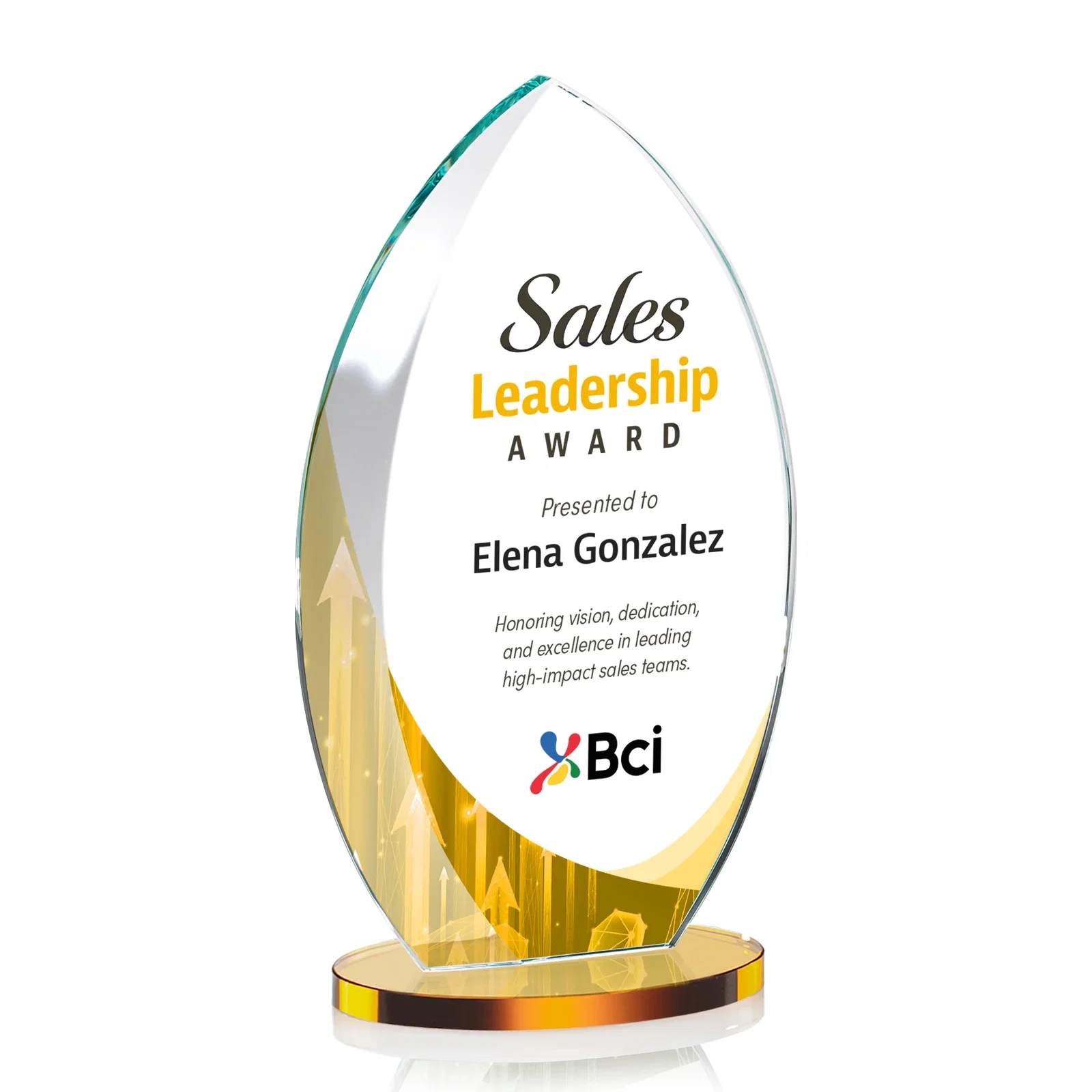 Custom printed Starfire Crystal Award with Arced Sides on a Clear Round Base for corporate award ceremonies