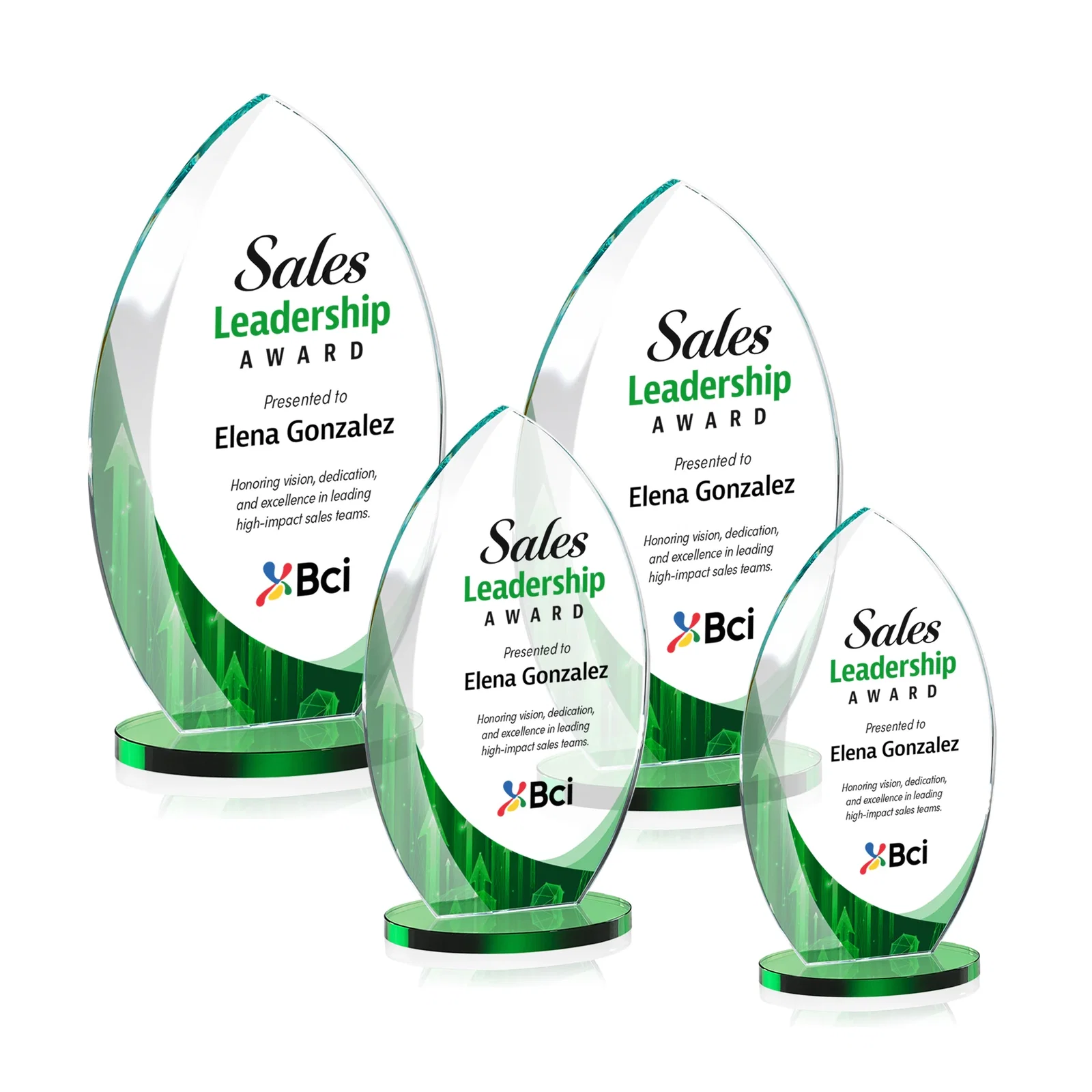 Custom printed Starfire Crystal Award with Arced Sides on a Clear Round Base for service anniversary gifts