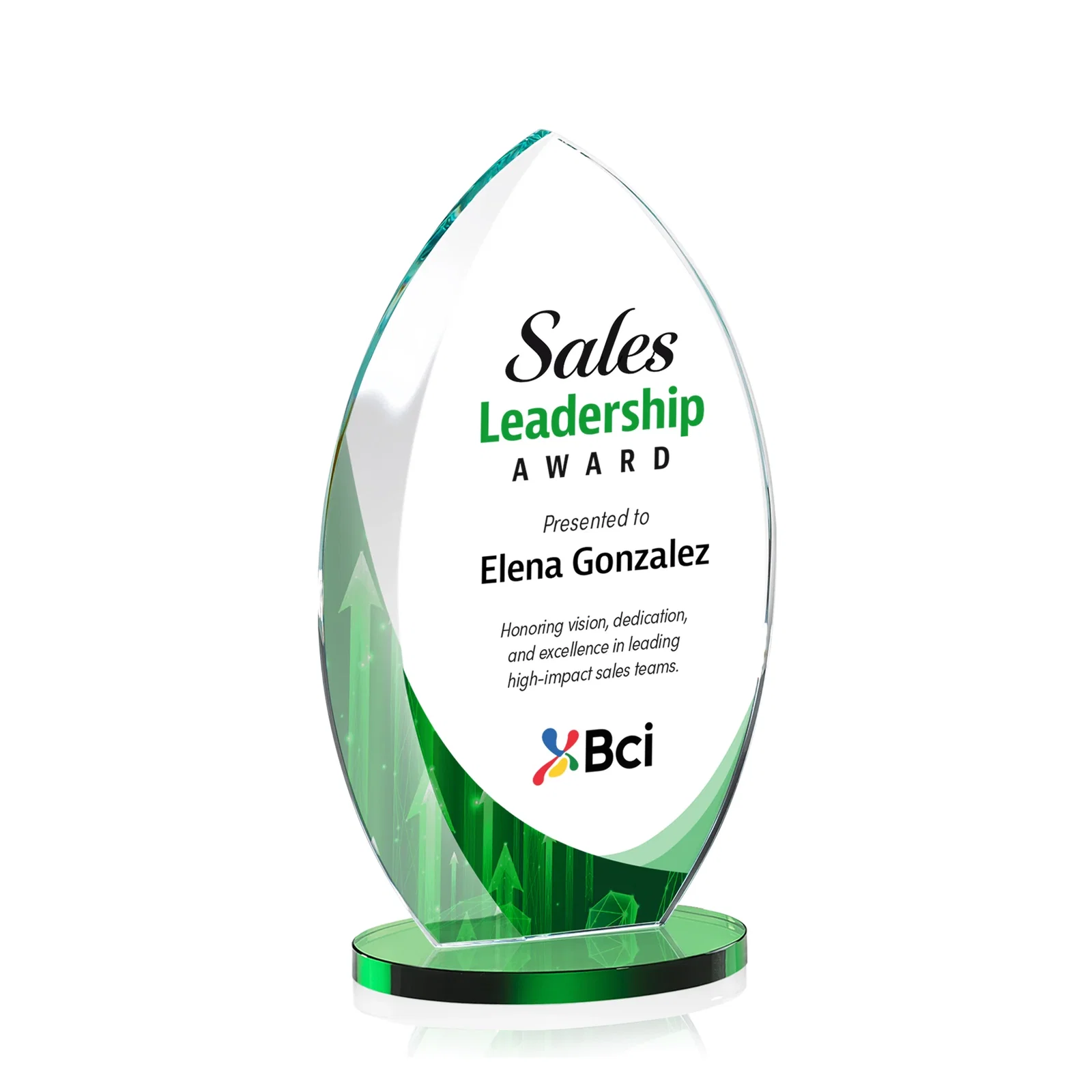 Custom printed Starfire Crystal Award with Arced Sides on a Clear Round Base for sales achievement awards