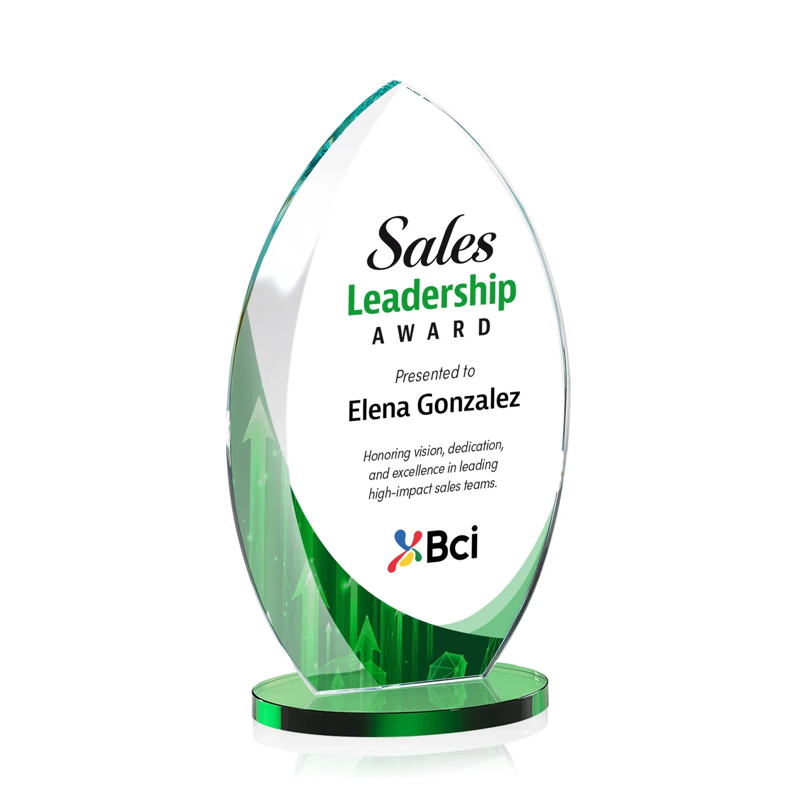 Custom printed Starfire Crystal Award with Arced Sides on a Clear Round Base for retirement presentations