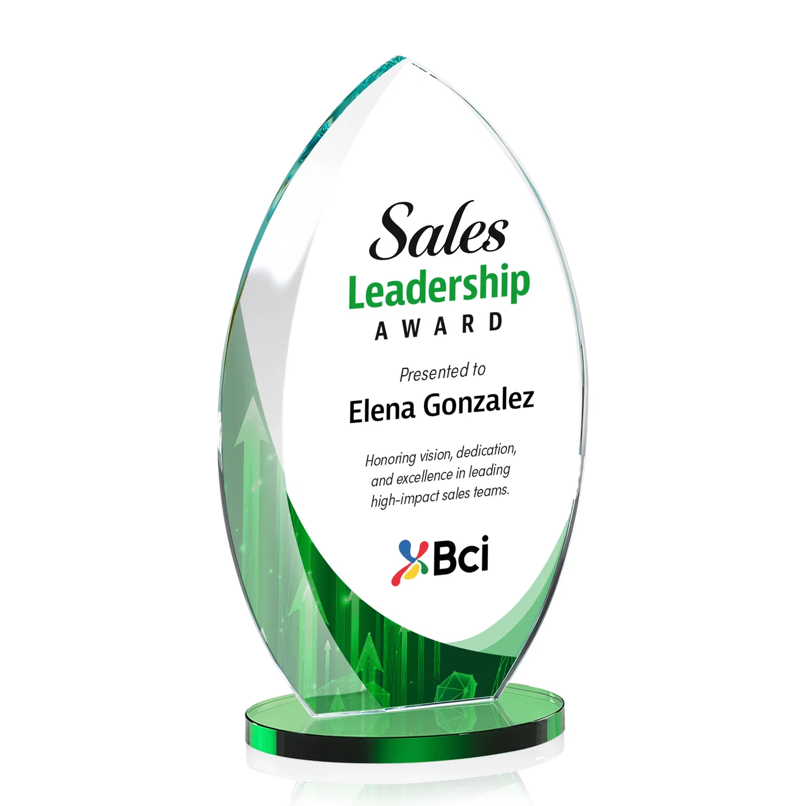 Custom printed Starfire Crystal Award with Arced Sides on a Clear Round Base for donor appreciation