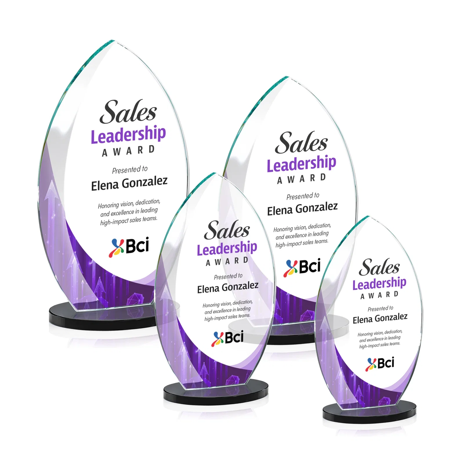 Custom printed Starfire Crystal Award with Arced Sides on a Clear Round Base for graduation ceremonies