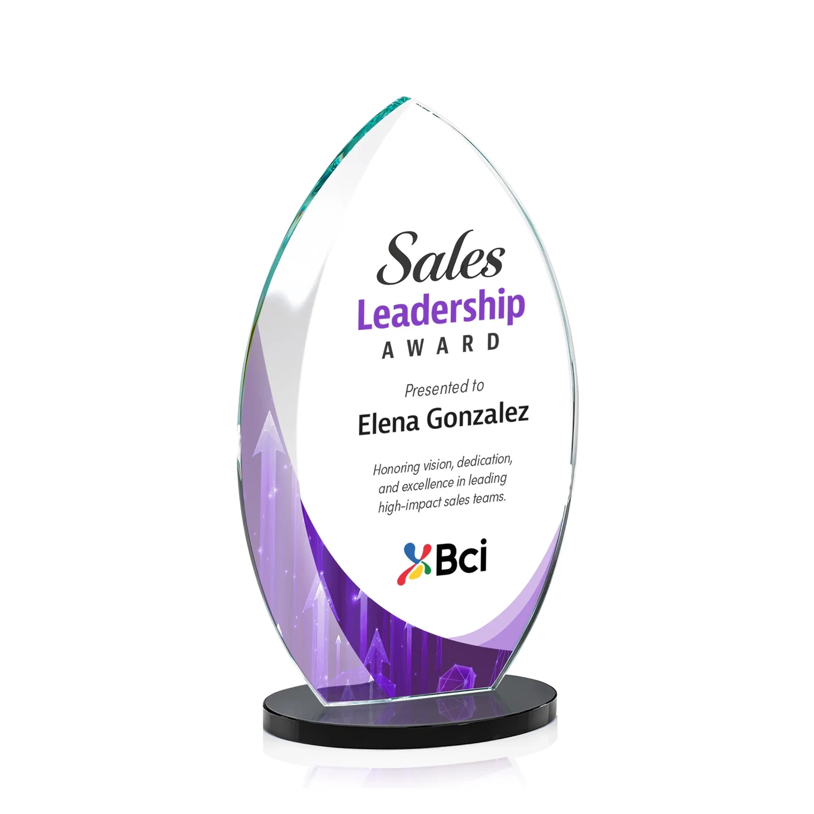 Custom printed Starfire Crystal Award with Arced Sides on a Clear Round Base for safety achievement programs