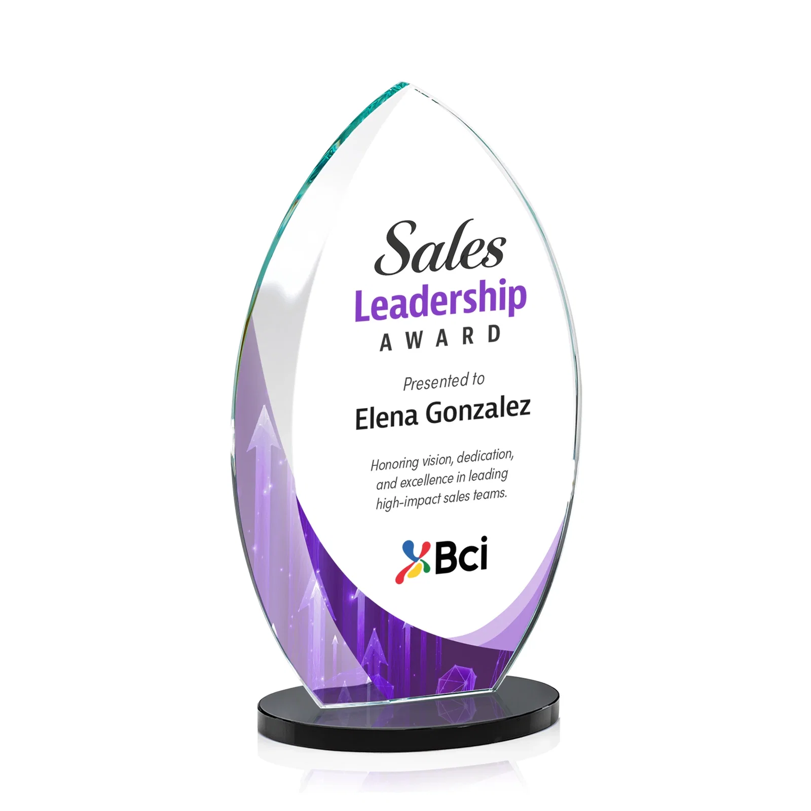 Custom printed Starfire Crystal Award with Arced Sides on a Clear Round Base for volunteer appreciation
