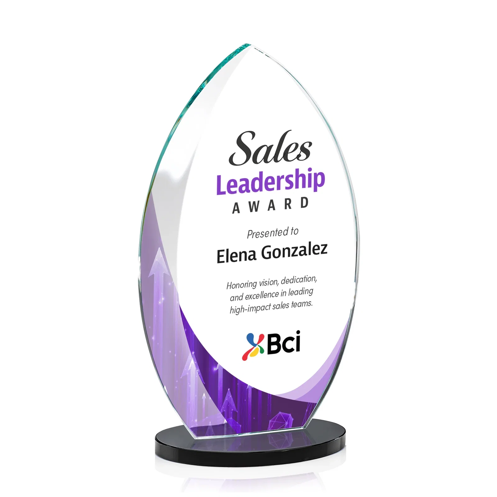 Custom printed Starfire Crystal Award with Arced Sides on a Clear Round Base for dealer and partner awards