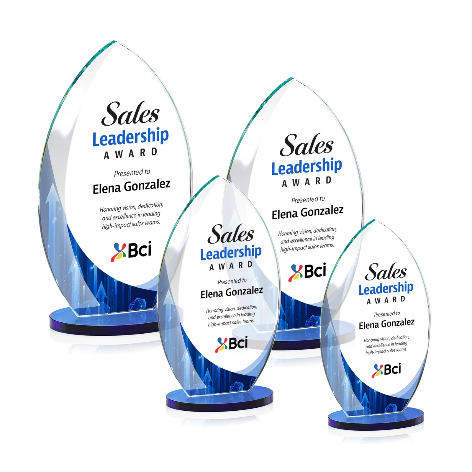Customized Starfire Crystal Award with Arced Sides on a Clear Round Base for employee recognition