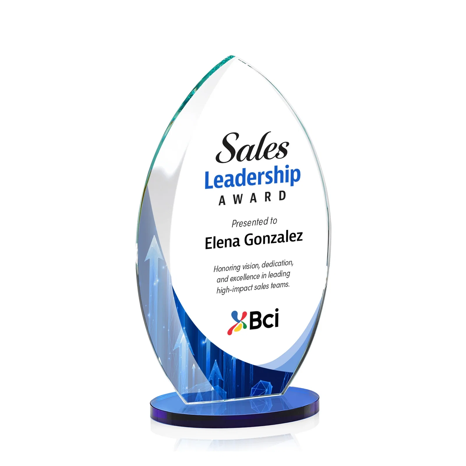 Customized Starfire Crystal Award with Arced Sides on a Clear Round Base for corporate award ceremonies