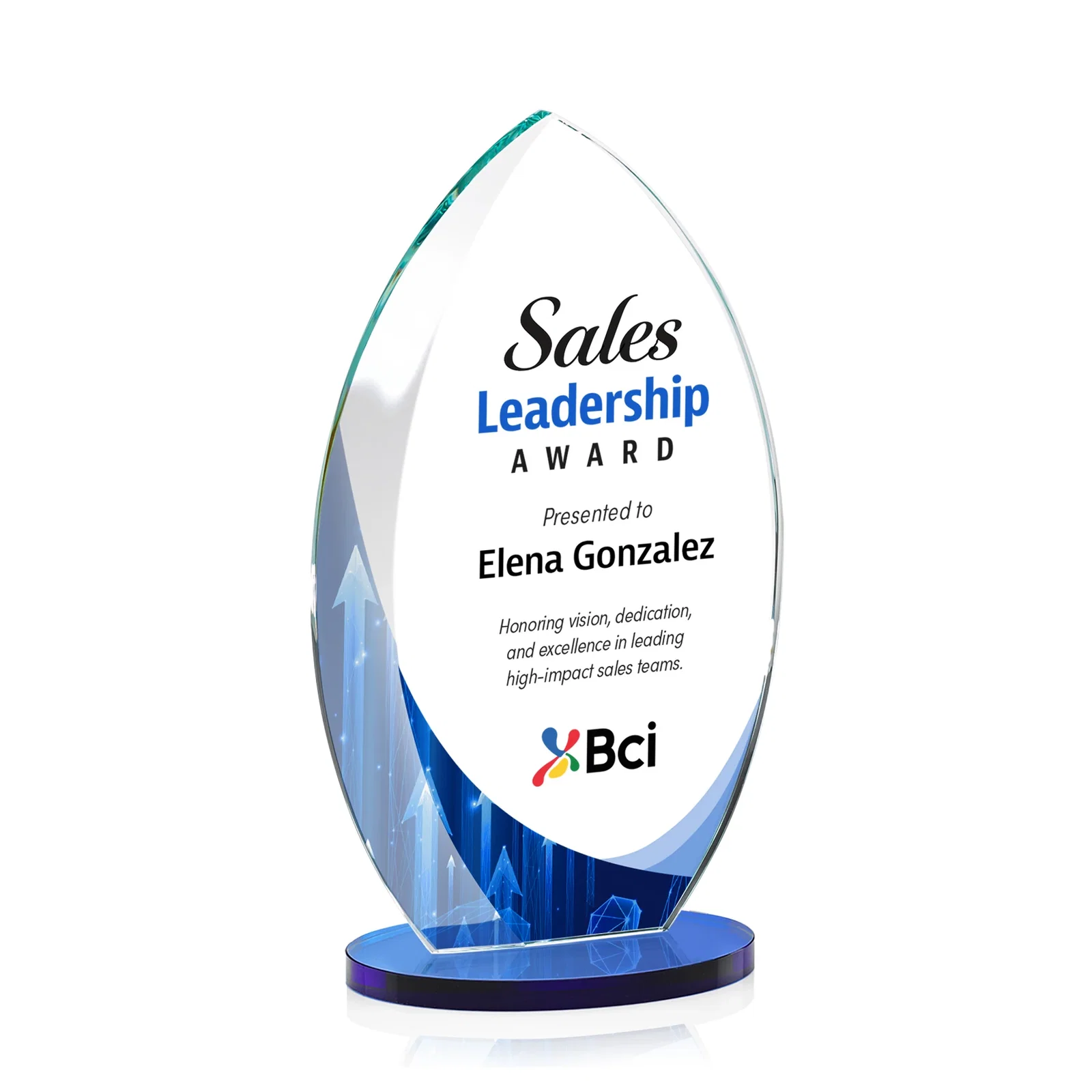 Customized Starfire Crystal Award with Arced Sides on a Clear Round Base for service anniversary gifts