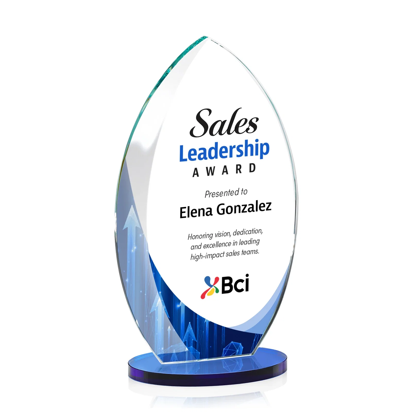 Customized Starfire Crystal Award with Arced Sides on a Clear Round Base for sales achievement awards