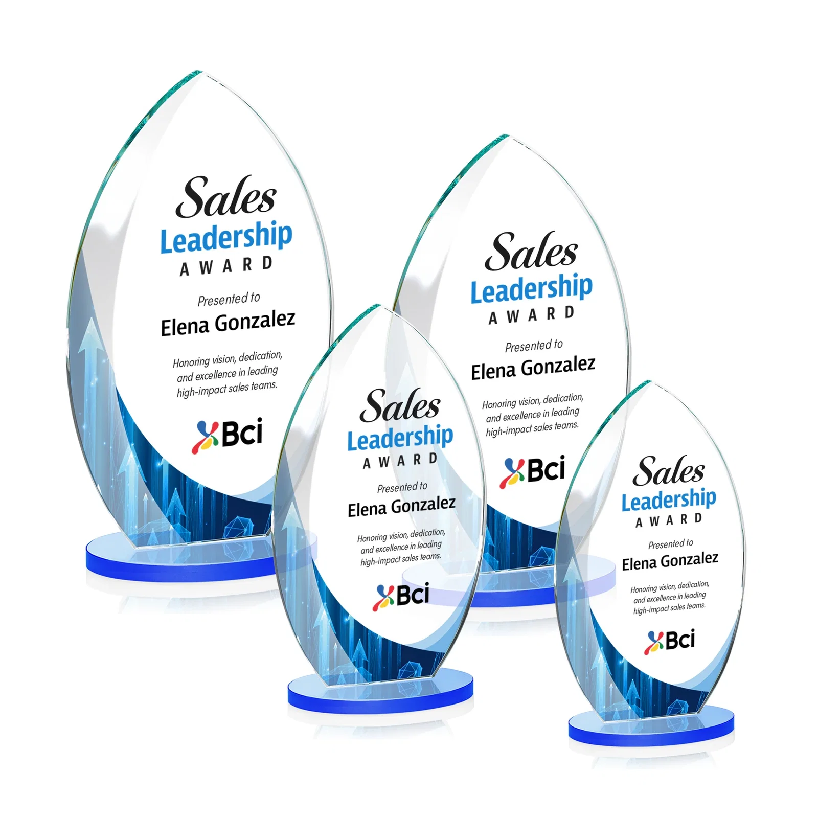 Customized Starfire Crystal Award with Arced Sides on a Clear Round Base for dealer and partner awards