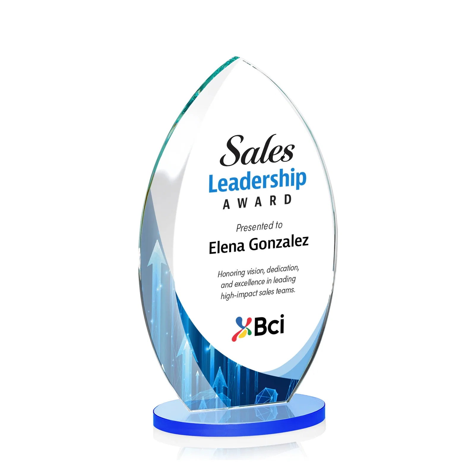 Customized Starfire Crystal Award with Arced Sides on a Clear Round Base for company anniversary events