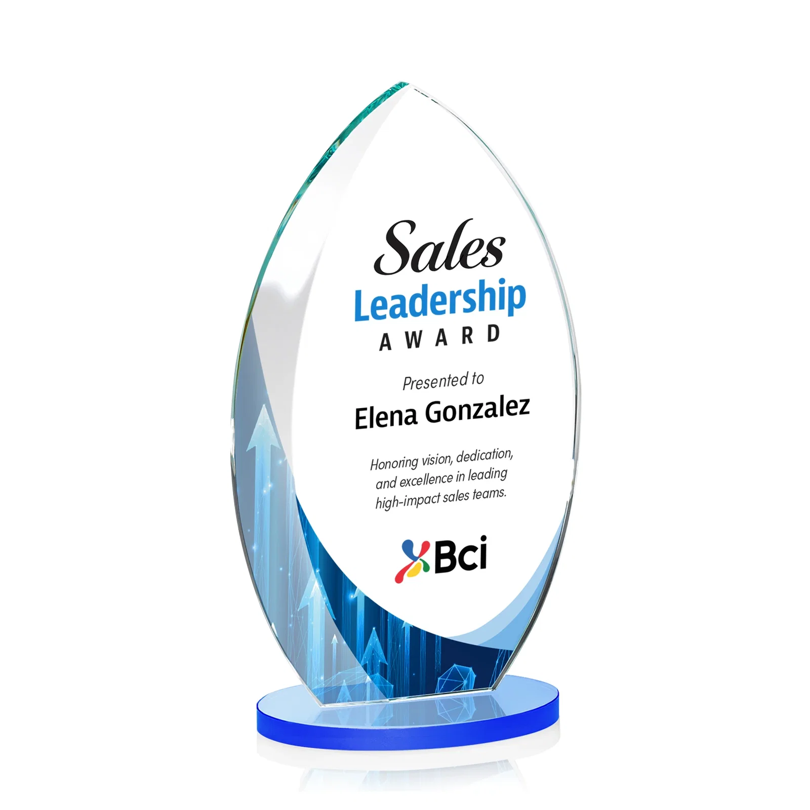 Custom engraved Starfire Crystal Award with Arced Sides on a Clear Round Base for employee recognition