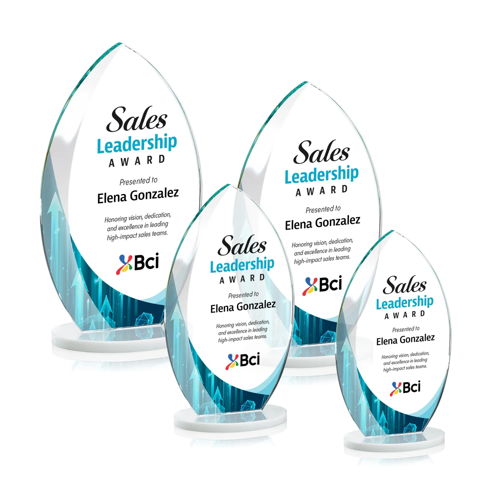 Custom engraved Starfire Crystal Award with Arced Sides on a Clear Round Base for sales achievement awards