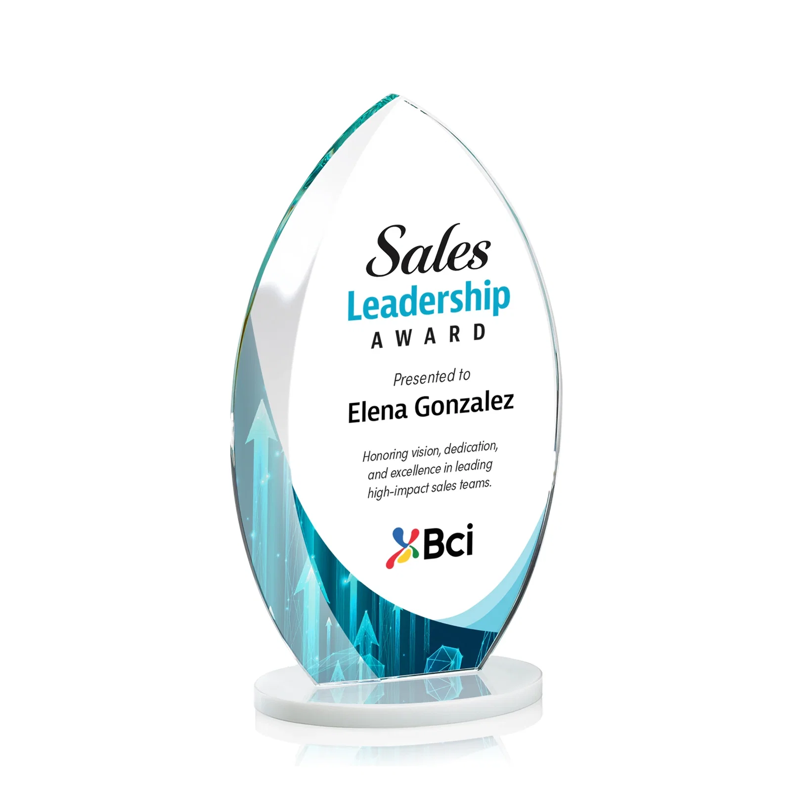 Custom engraved Starfire Crystal Award with Arced Sides on a Clear Round Base for retirement presentations