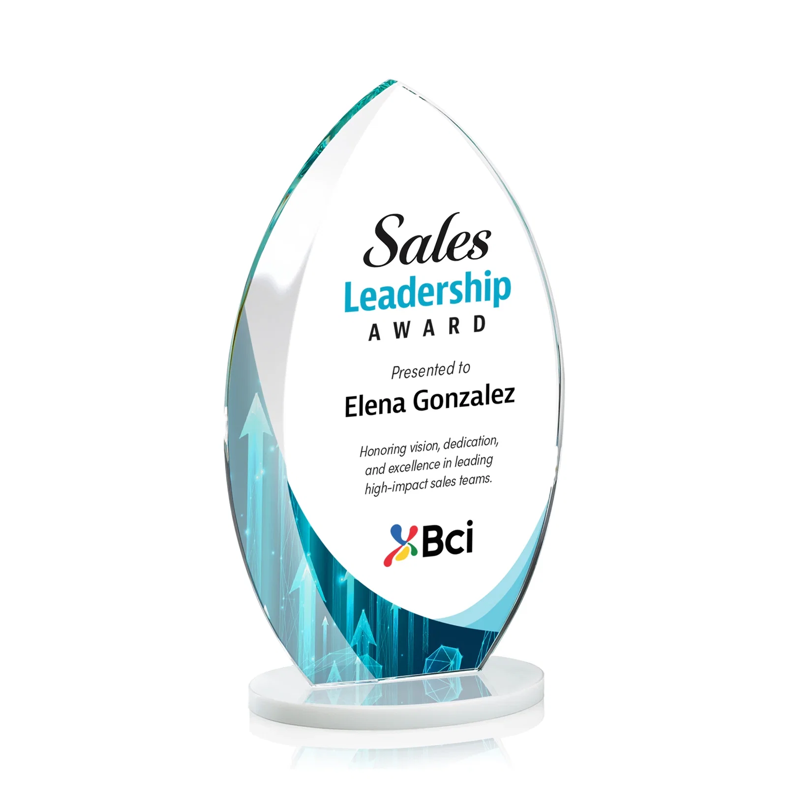 Custom engraved Starfire Crystal Award with Arced Sides on a Clear Round Base for team milestone celebrations