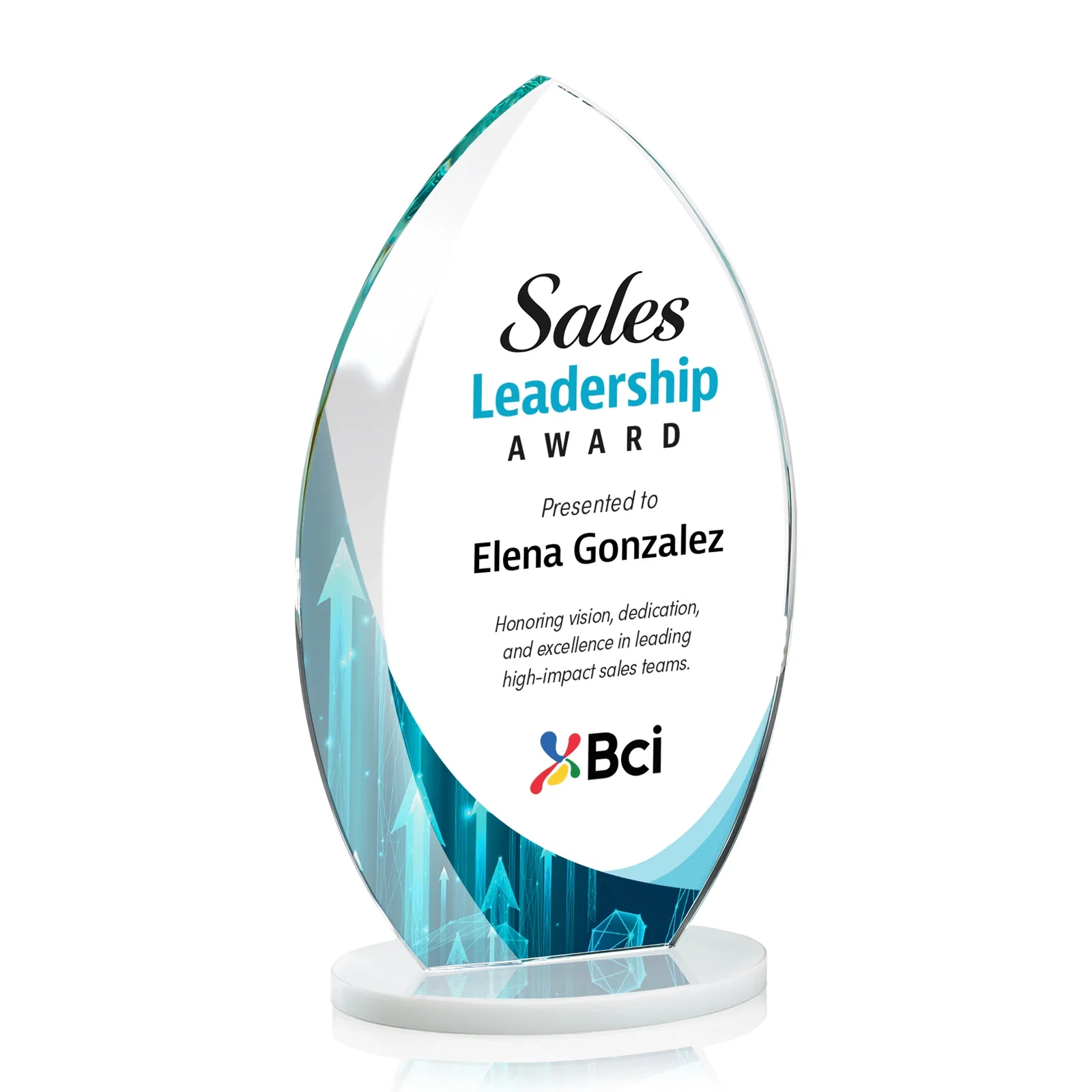 Custom engraved Starfire Crystal Award with Arced Sides on a Clear Round Base for graduation ceremonies