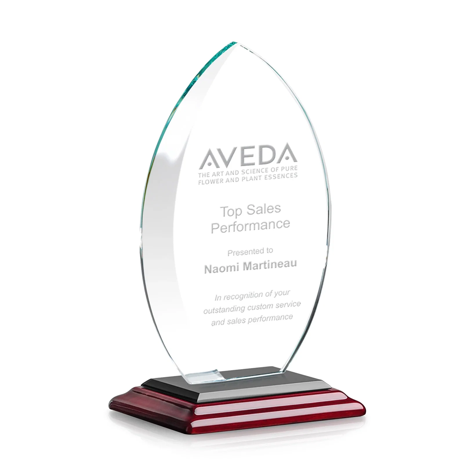Custom engraved Starfire Crystal Award with Arced Sides on a Clear Round Base for volunteer appreciation