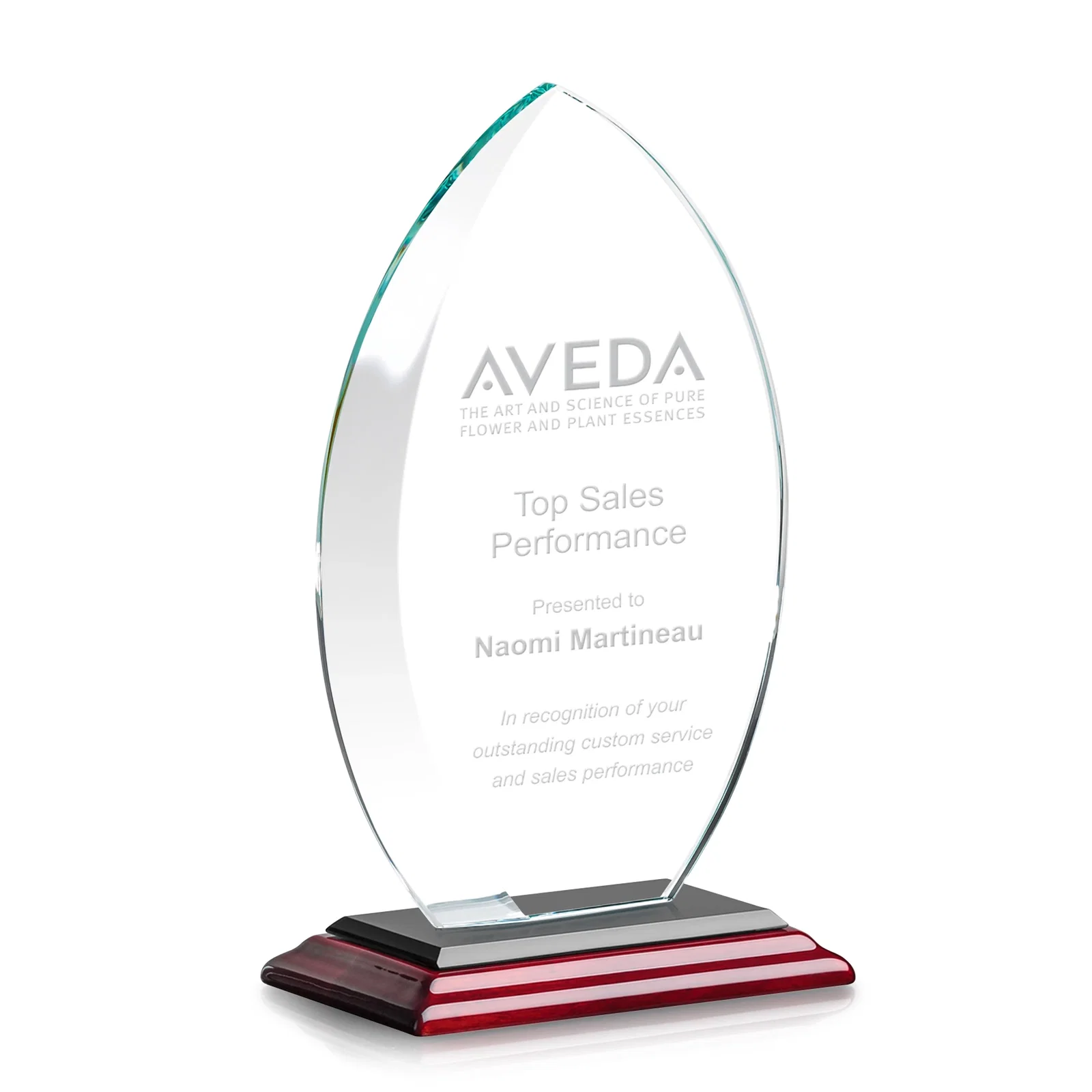 Custom engraved Starfire Crystal Award with Arced Sides on a Clear Round Base for dealer and partner awards
