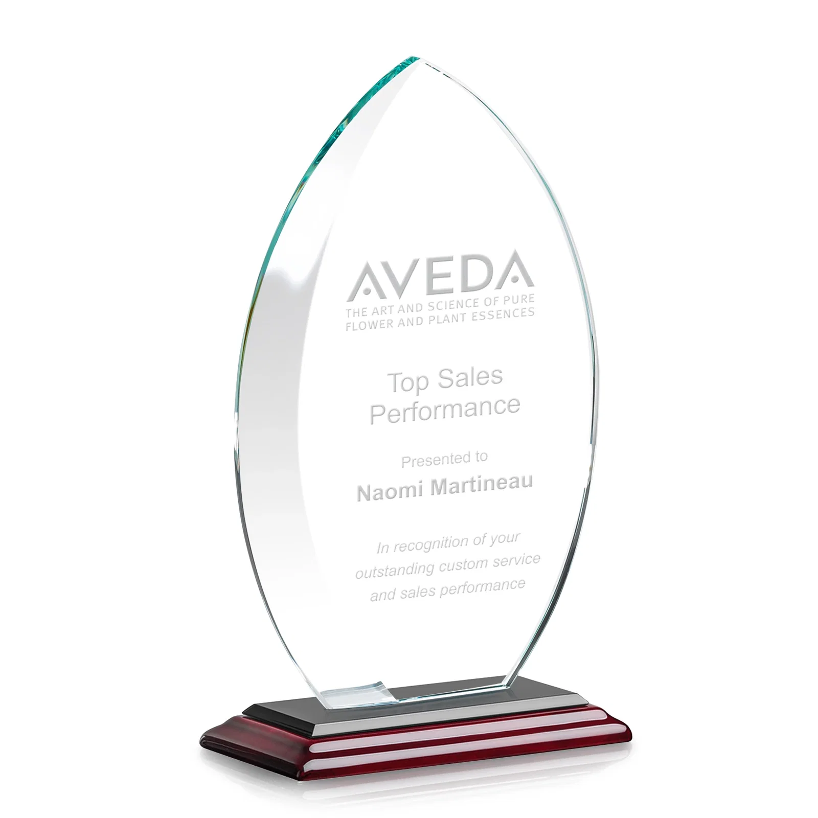 Custom engraved Starfire Crystal Award with Arced Sides on a Clear Round Base for company anniversary events