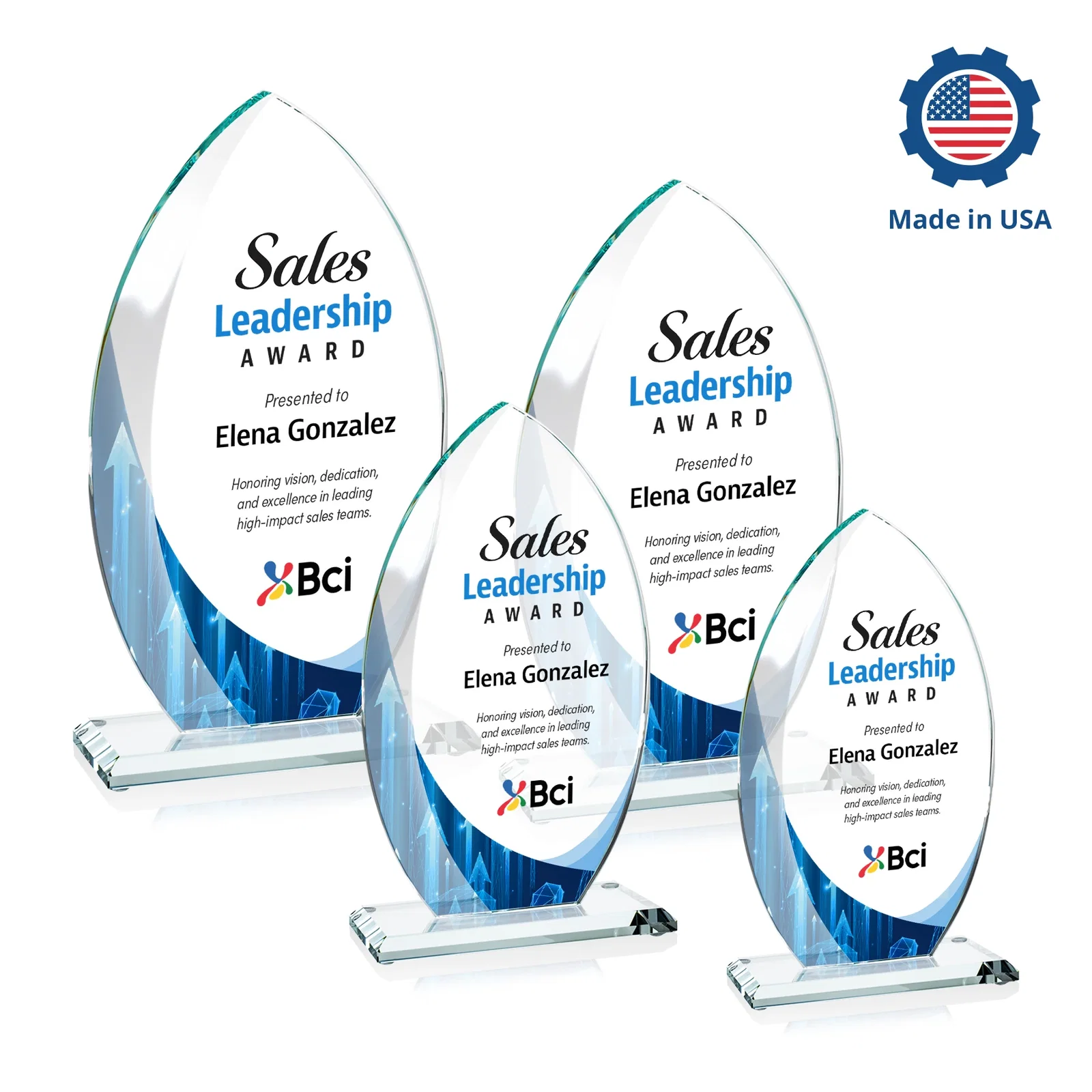 Custom Starfire Crystal Award with Arced Sides on a Clear Round Base, with your logo for company anniversary events