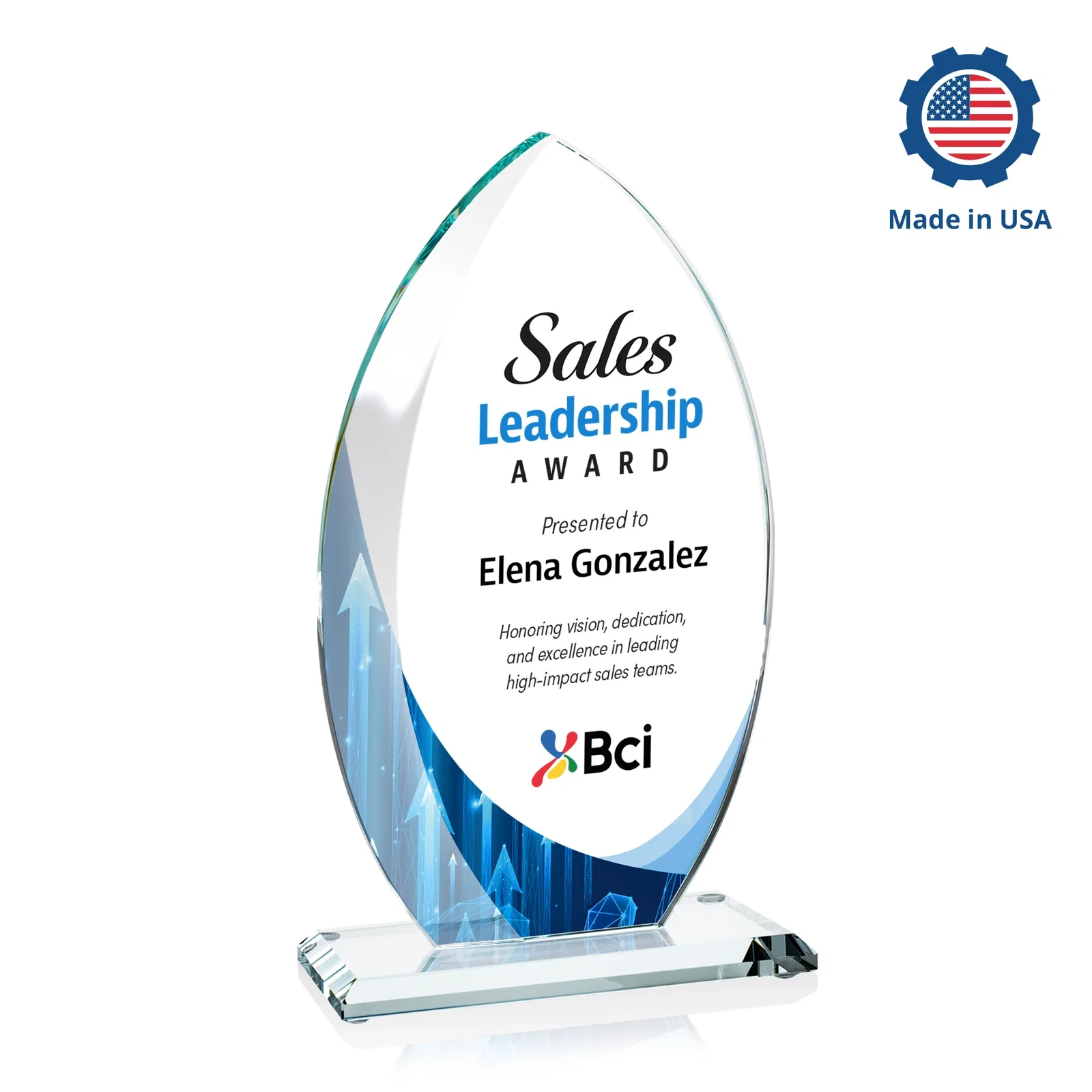 Personalized Starfire Crystal Award with Arced Sides on a Clear Round Base, with your logo for employee recognition