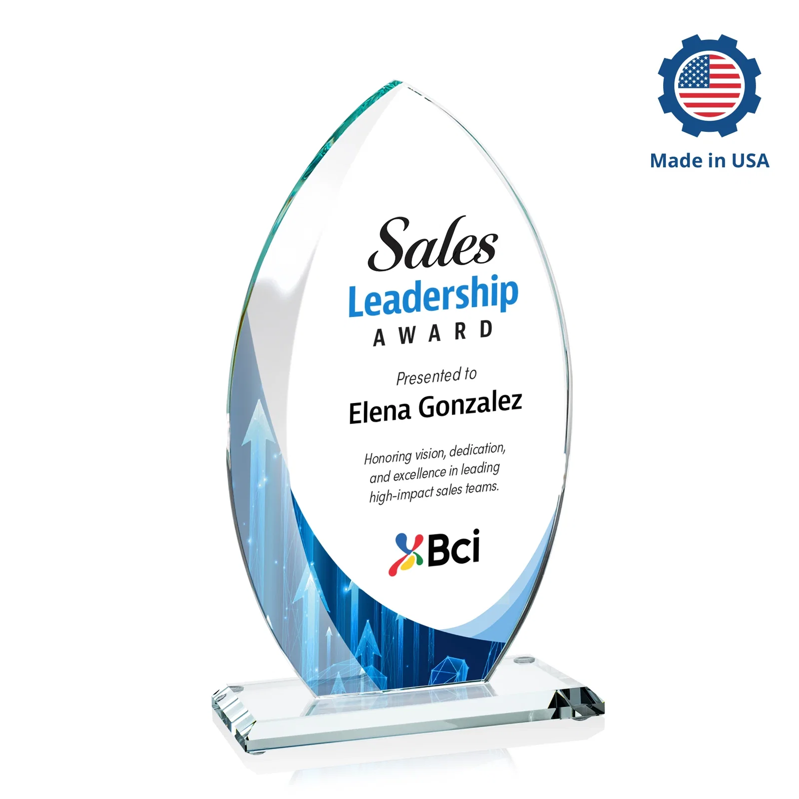 Personalized Starfire Crystal Award with Arced Sides on a Clear Round Base, with your logo for corporate award ceremonies