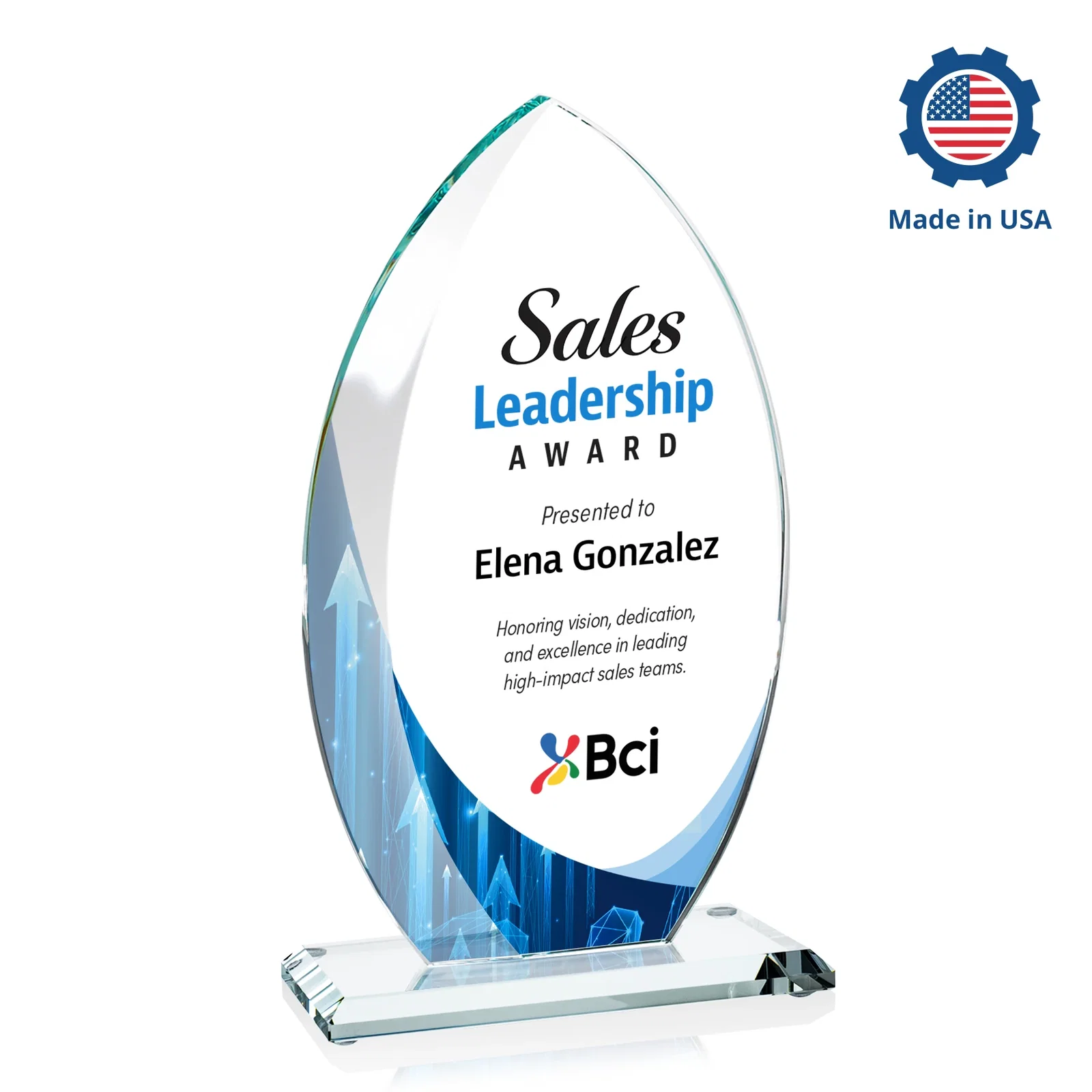 Personalized Starfire Crystal Award with Arced Sides on a Clear Round Base, with your logo for service anniversary gifts