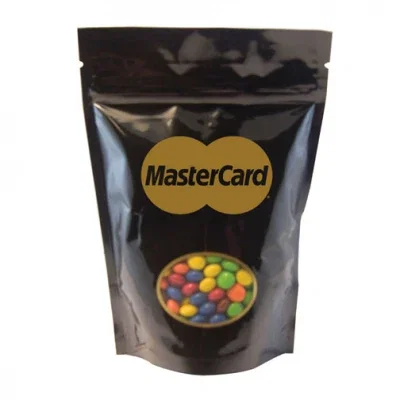 Black candy bag with a clear front window, standing upright