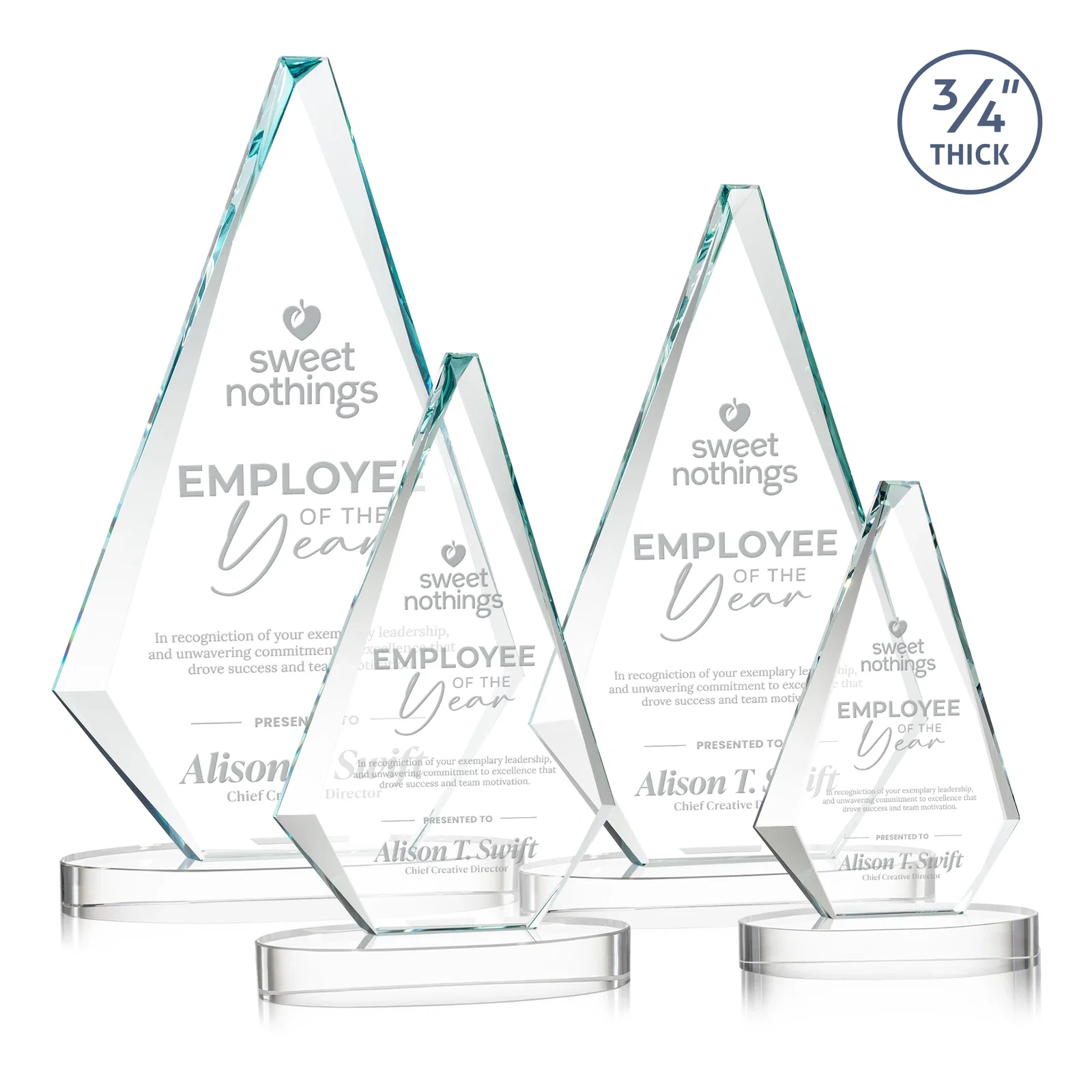 Custom Starfire Crystal Diamond Award, 3/4 Inch Thick on Alberton Base for employee recognition
