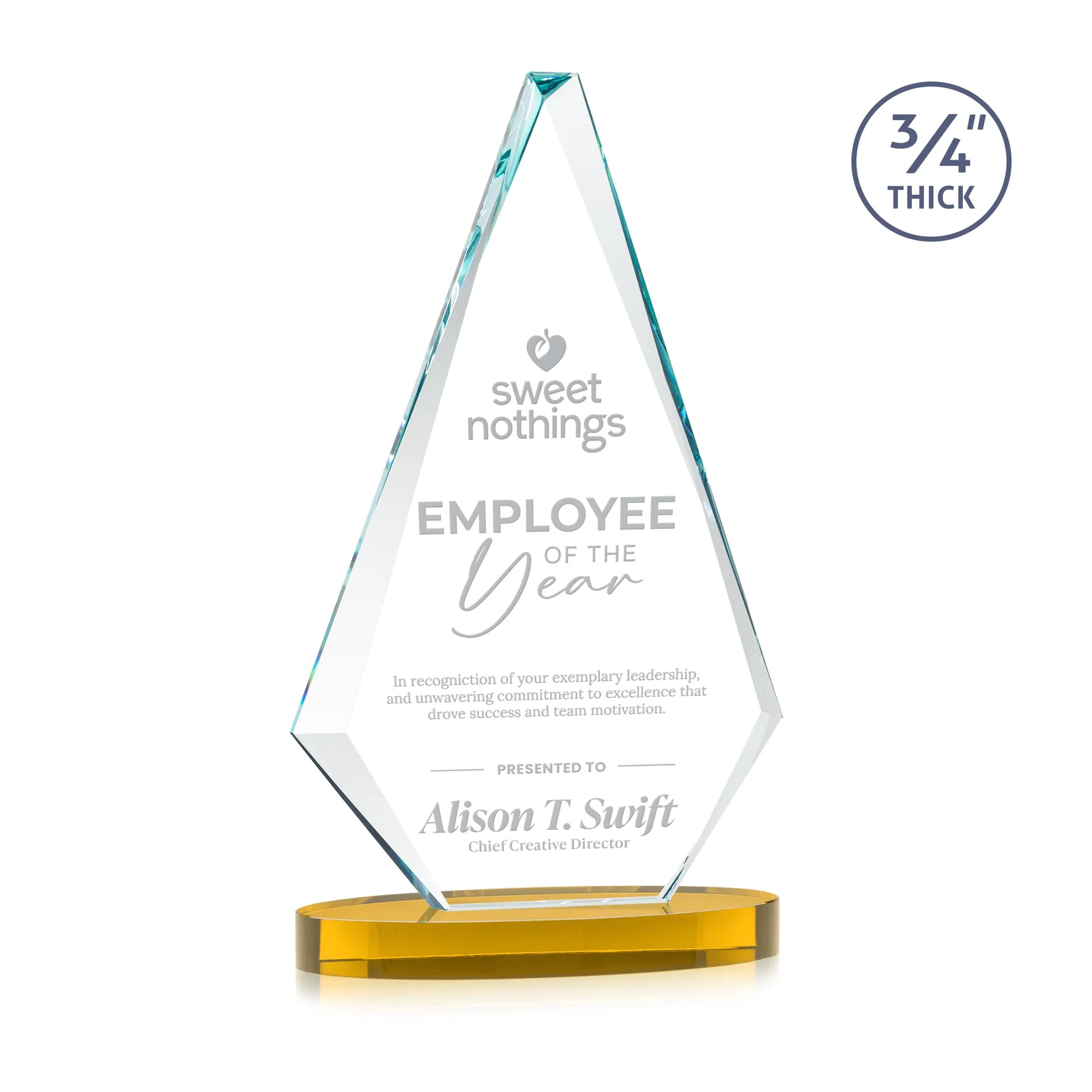 Custom Starfire Crystal Diamond Award, 3/4 Inch Thick on Alberton Base for volunteer appreciation