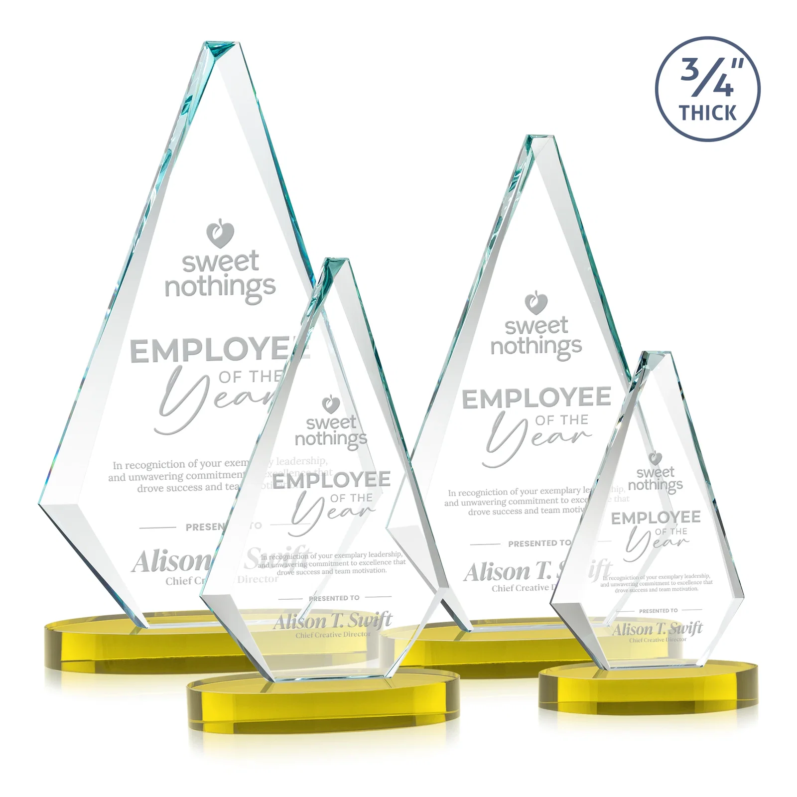 Custom Starfire Crystal Diamond Award, 3/4 Inch Thick on Alberton Base for dealer and partner awards