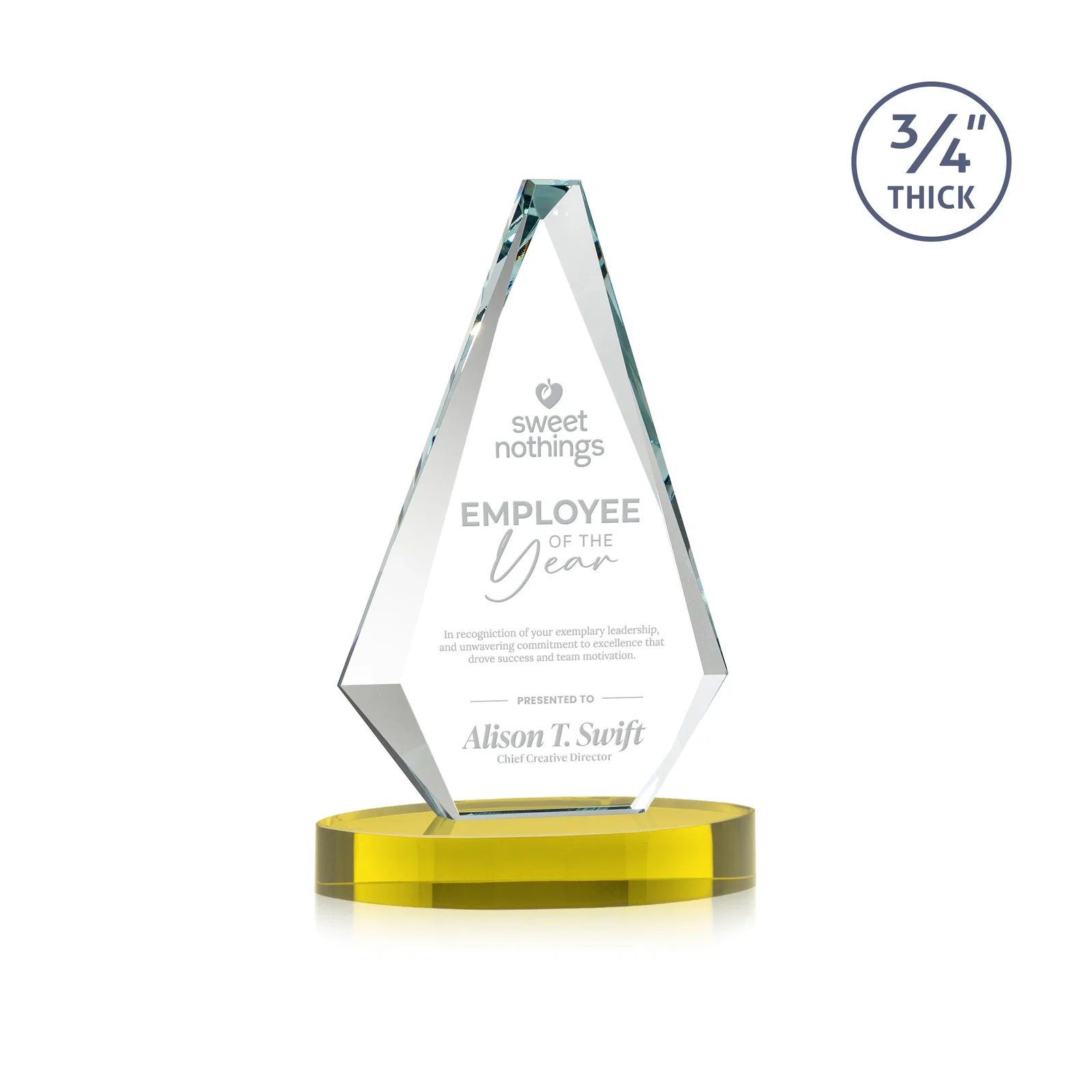 Custom Starfire Crystal Diamond Award, 3/4 Inch Thick on Alberton Base for company anniversary events