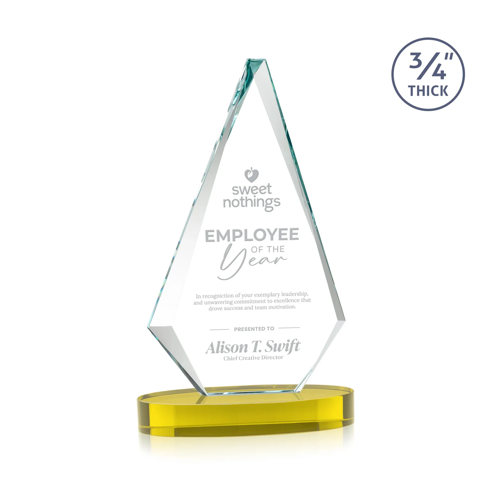 Personalized Starfire Crystal Diamond Award, 3/4 Inch Thick on Alberton Base for employee recognition