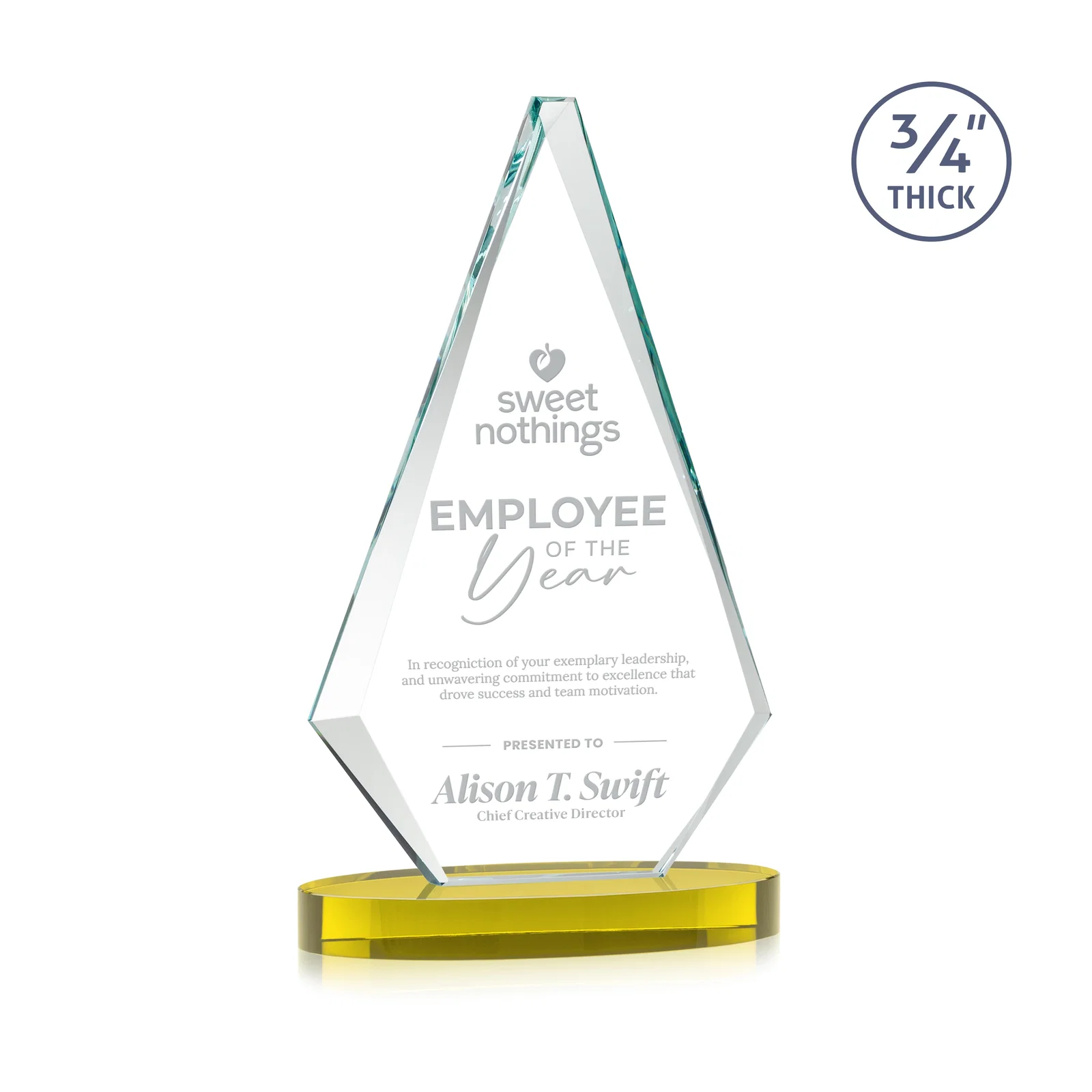 Personalized Starfire Crystal Diamond Award, 3/4 Inch Thick on Alberton Base for corporate award ceremonies