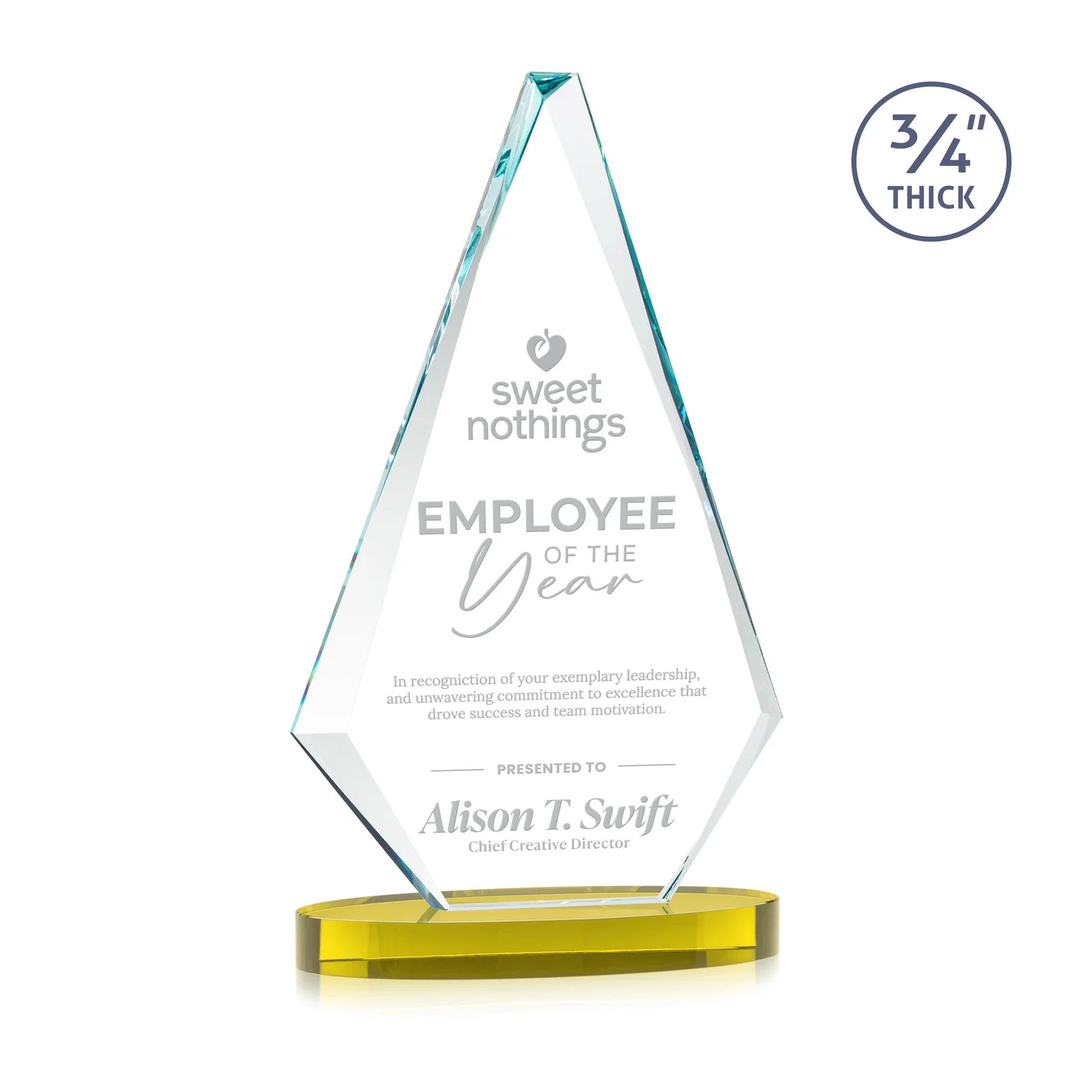 Personalized Starfire Crystal Diamond Award, 3/4 Inch Thick on Alberton Base for service anniversary gifts