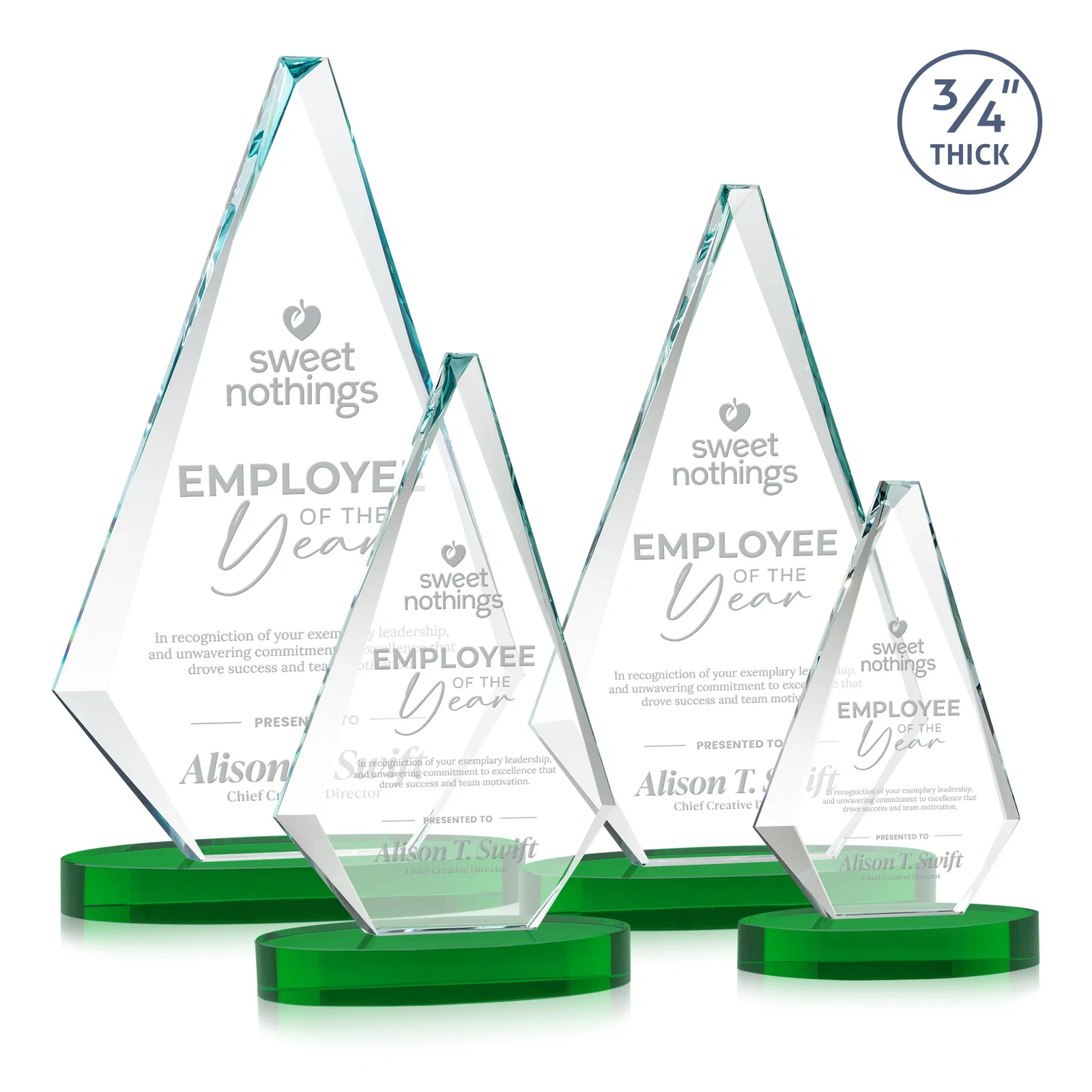 Personalized Starfire Crystal Diamond Award, 3/4 Inch Thick on Alberton Base for sales achievement awards