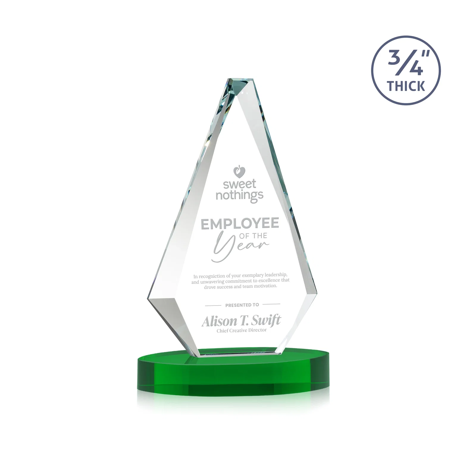 Personalized Starfire Crystal Diamond Award, 3/4 Inch Thick on Alberton Base for retirement presentations