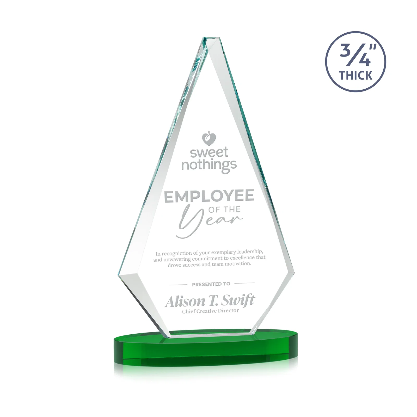 Personalized Starfire Crystal Diamond Award, 3/4 Inch Thick on Alberton Base for donor appreciation