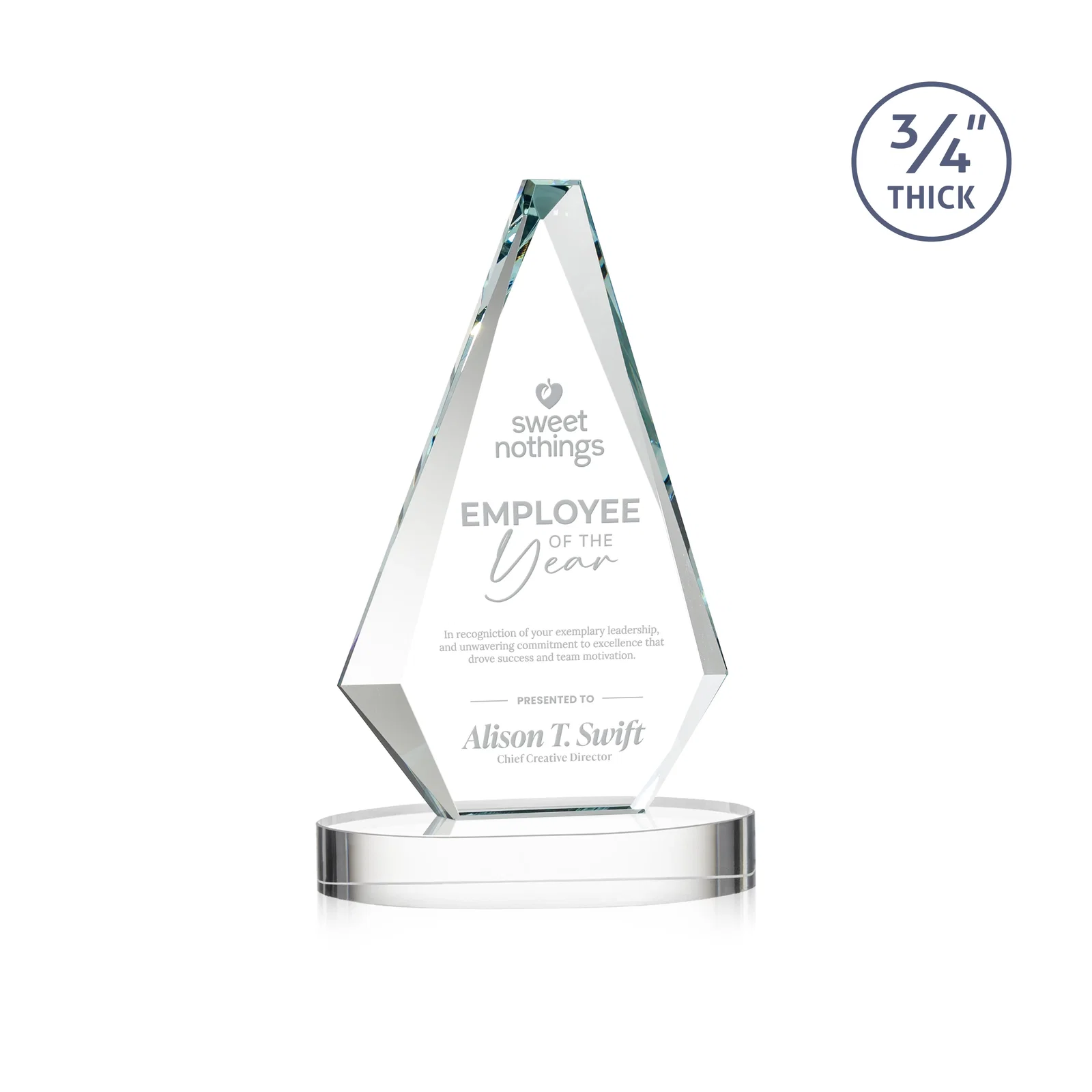Custom Starfire Crystal Diamond Award, 3/4 Inch Thick on Alberton Base for corporate award ceremonies