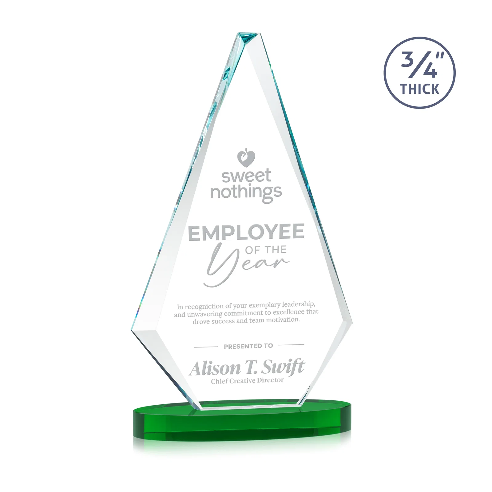 Personalized Starfire Crystal Diamond Award, 3/4 Inch Thick on Alberton Base for graduation ceremonies
