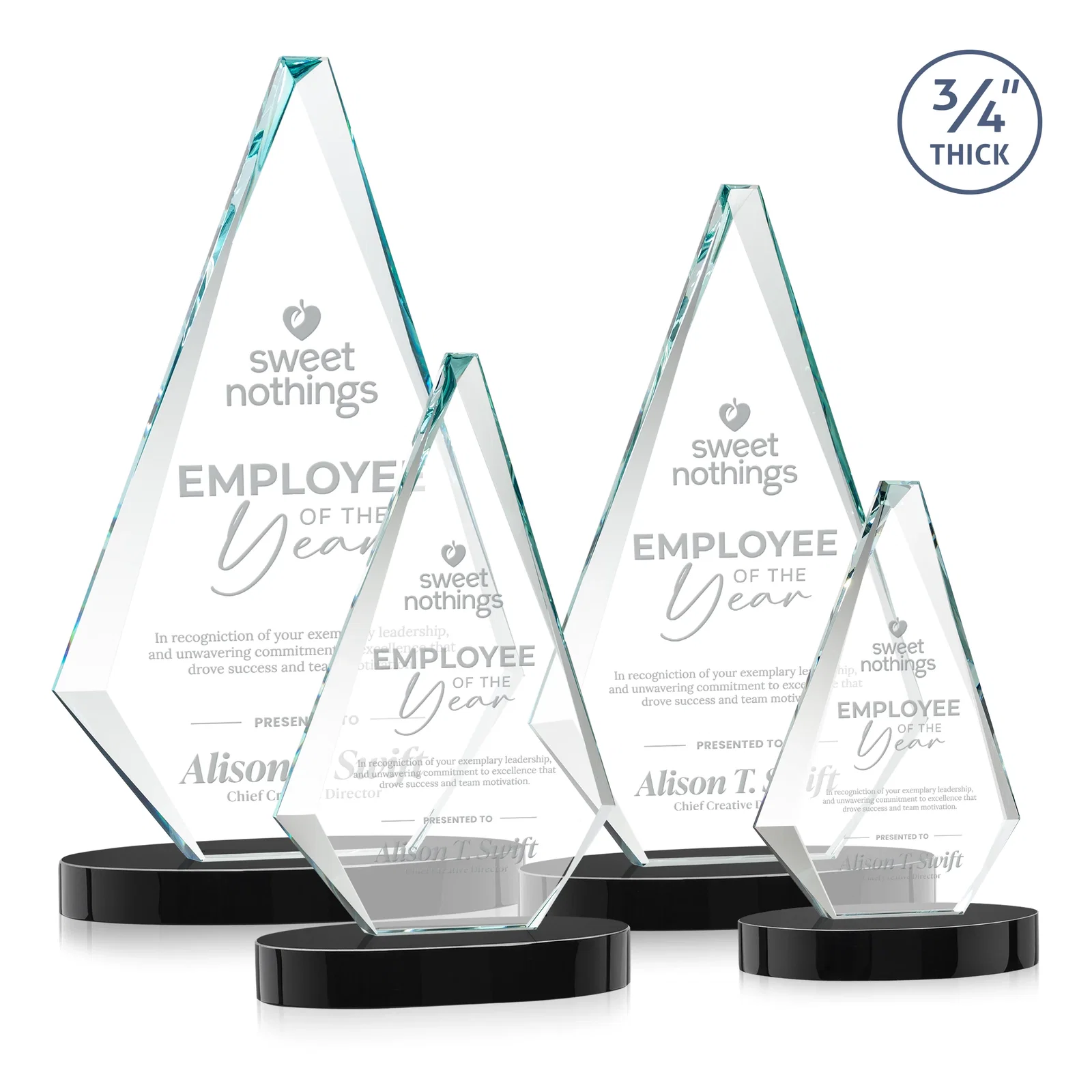 Personalized Starfire Crystal Diamond Award, 3/4 Inch Thick on Alberton Base for safety achievement programs