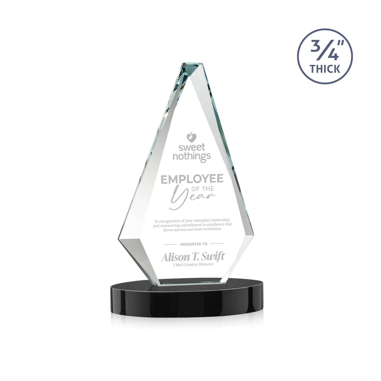 Personalized Starfire Crystal Diamond Award, 3/4 Inch Thick on Alberton Base for volunteer appreciation