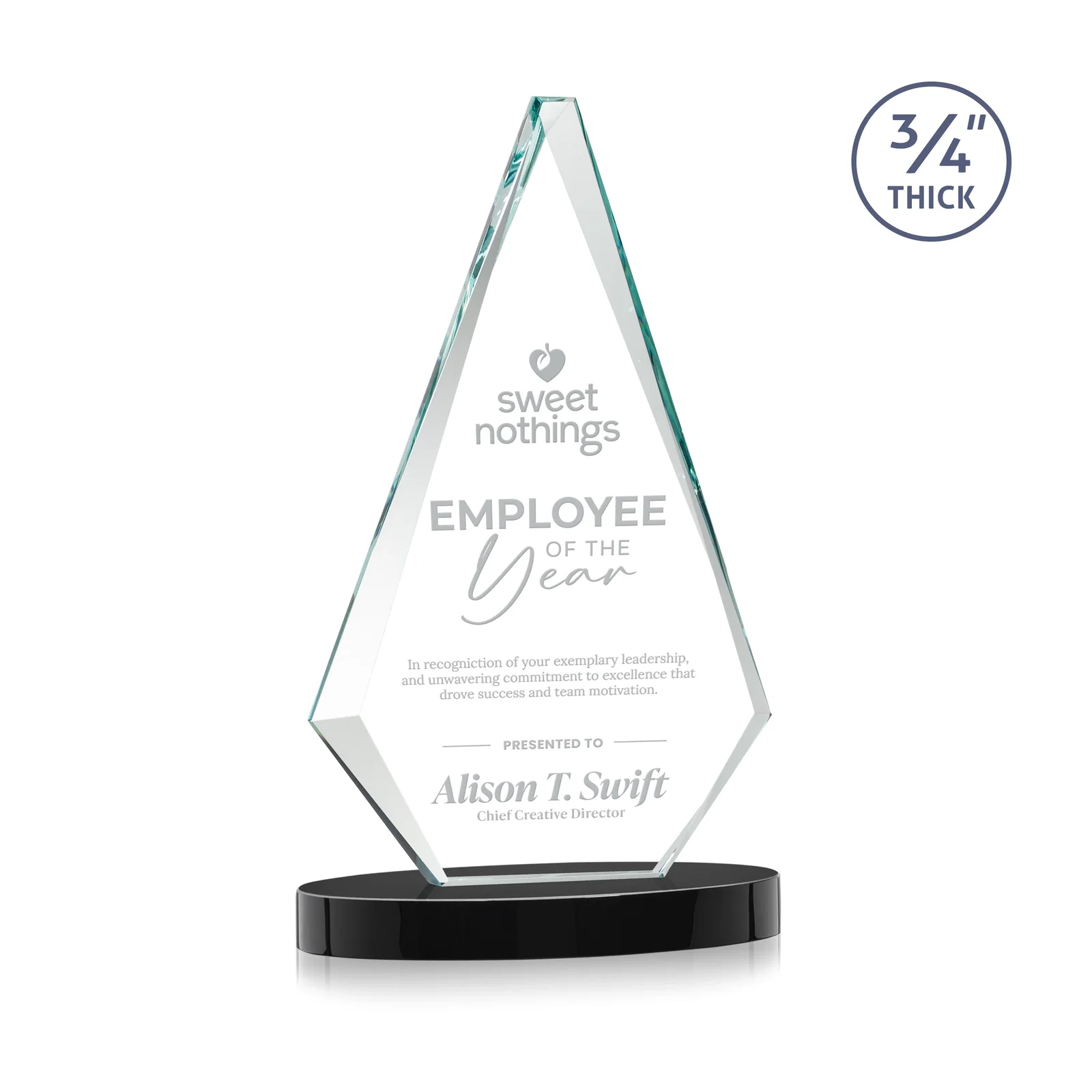 Personalized Starfire Crystal Diamond Award, 3/4 Inch Thick on Alberton Base for company anniversary events