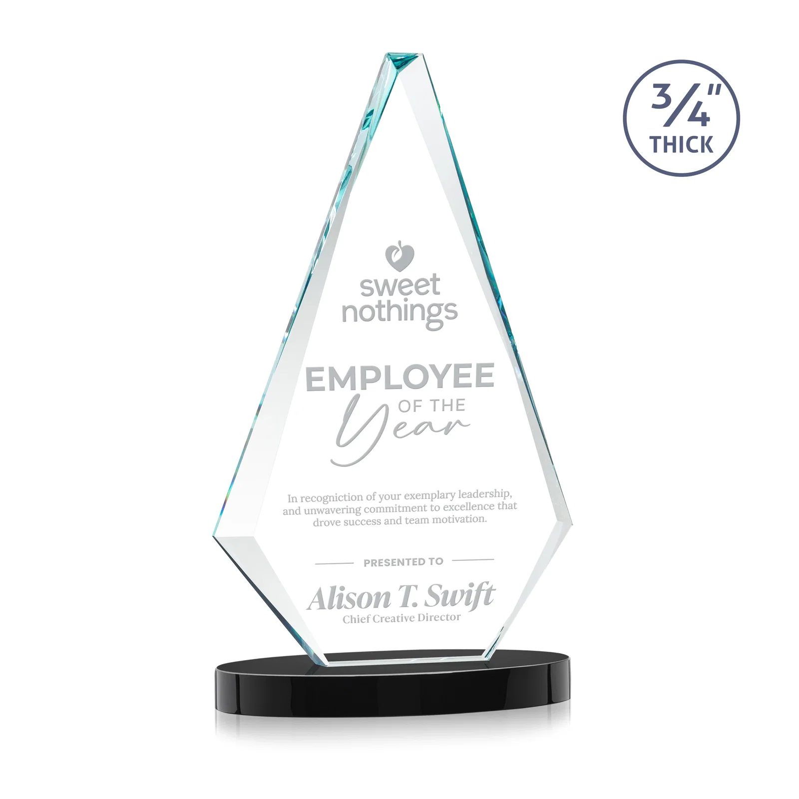 Promotional Starfire Crystal Diamond Award, 3/4 Inch Thick on Alberton Base for employee recognition
