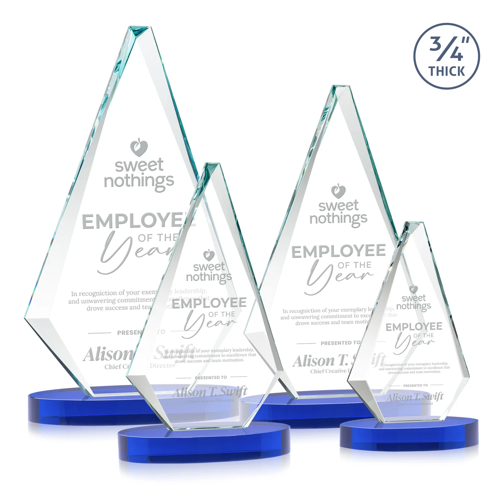 Promotional Starfire Crystal Diamond Award, 3/4 Inch Thick on Alberton Base for corporate award ceremonies