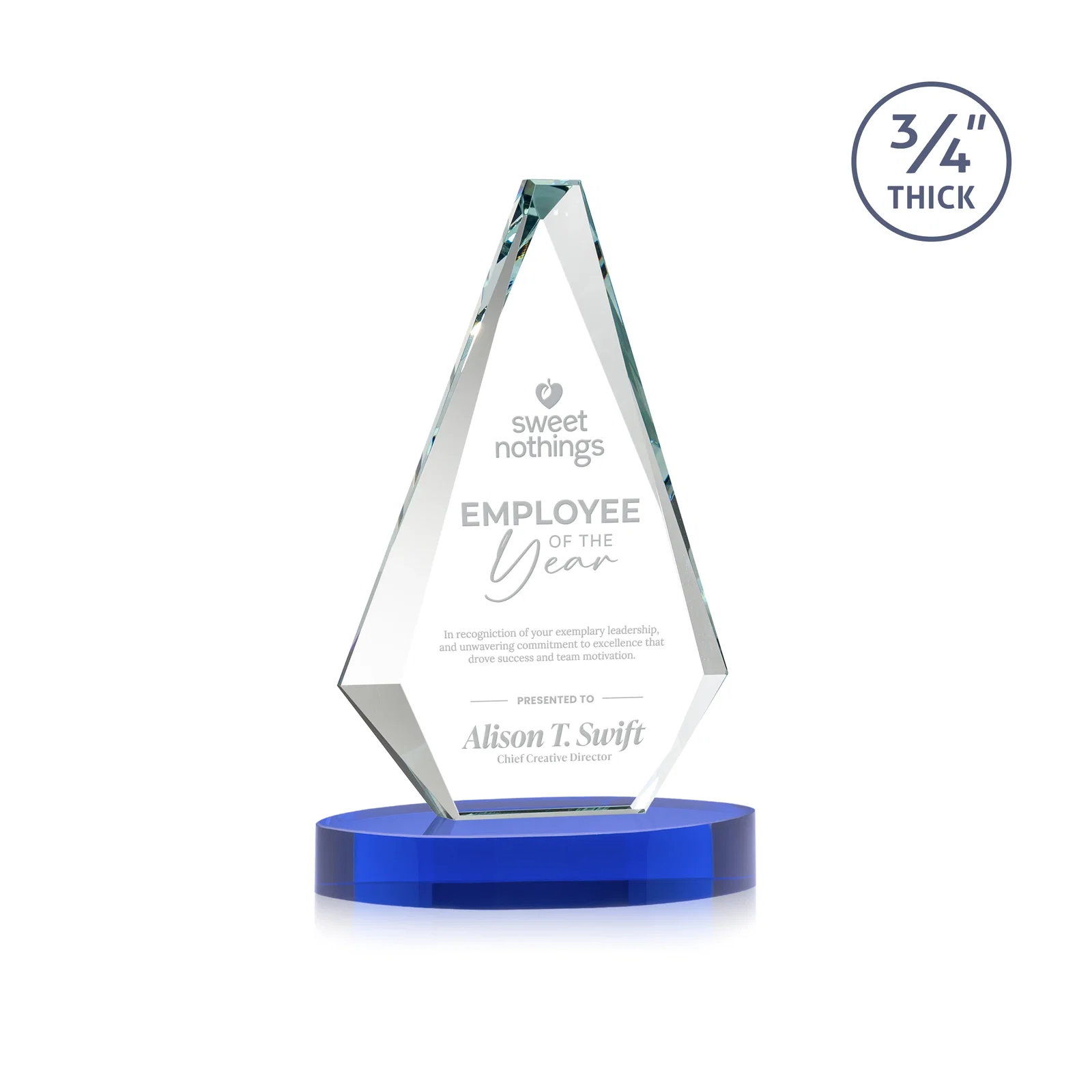 Promotional Starfire Crystal Diamond Award, 3/4 Inch Thick on Alberton Base for service anniversary gifts
