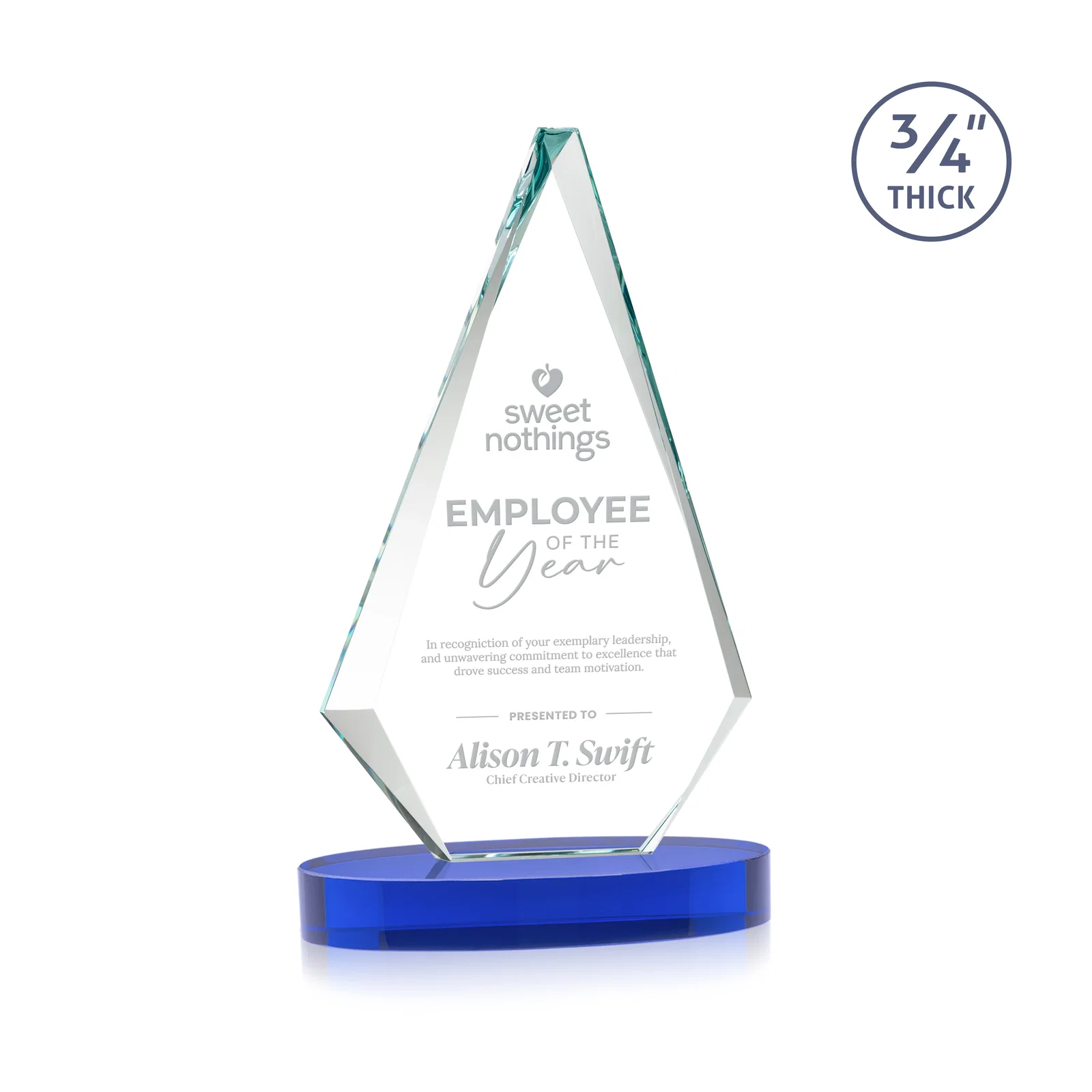 Promotional Starfire Crystal Diamond Award, 3/4 Inch Thick on Alberton Base for sales achievement awards