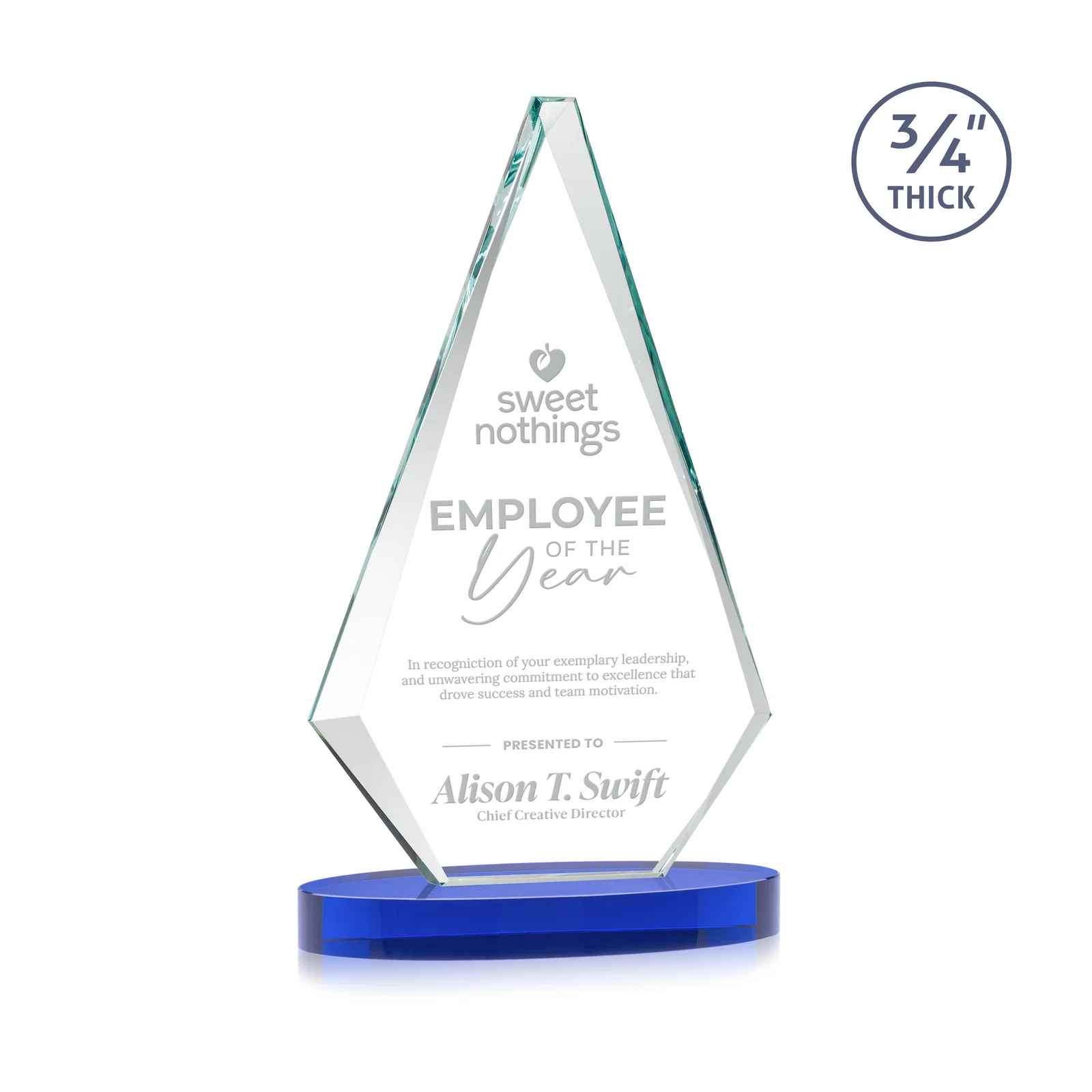 Promotional Starfire Crystal Diamond Award, 3/4 Inch Thick on Alberton Base for retirement presentations